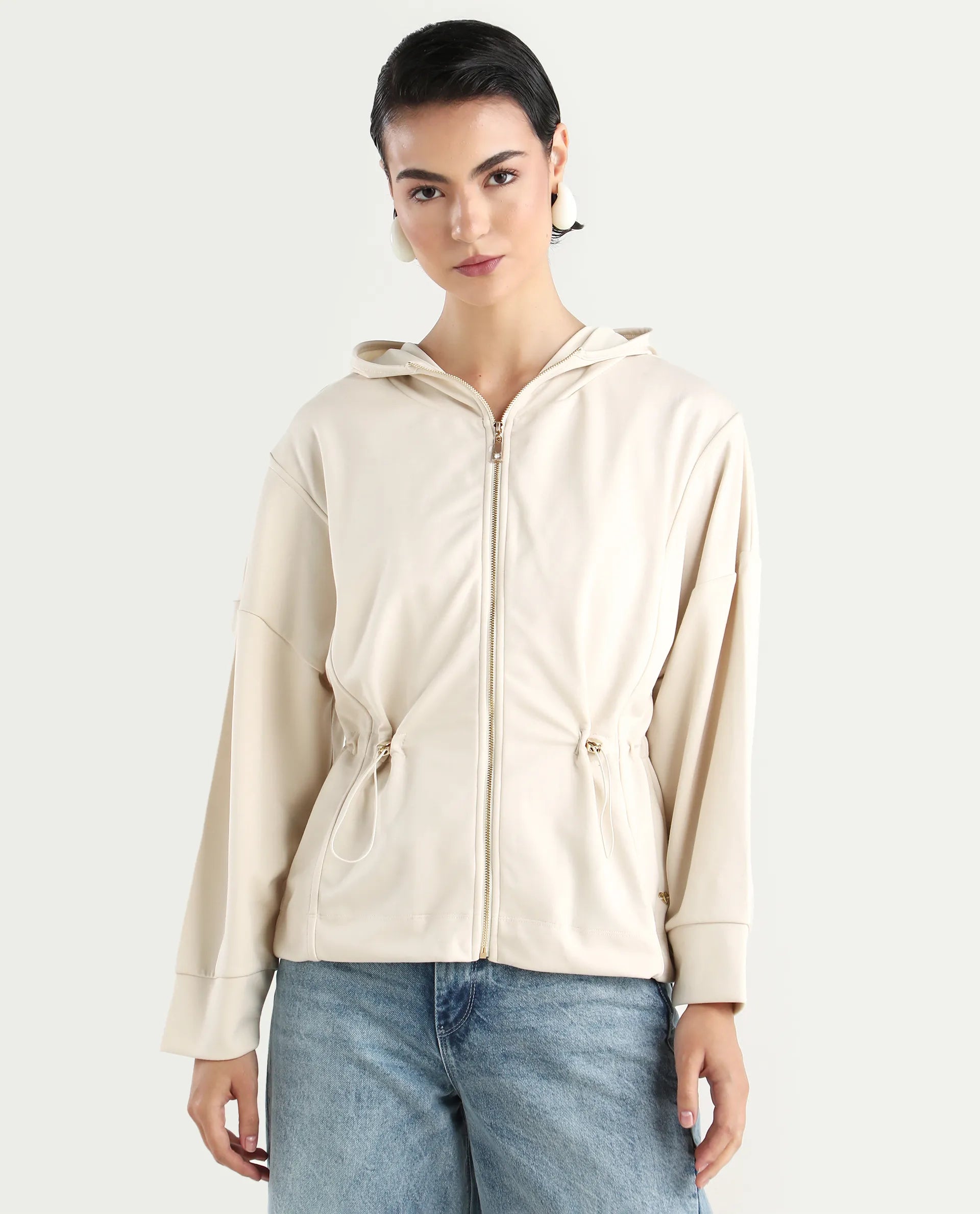 Rareism Women's Onerler Off White Modal Blend Hooded Plain Relaxed Fit Sweatshirt
