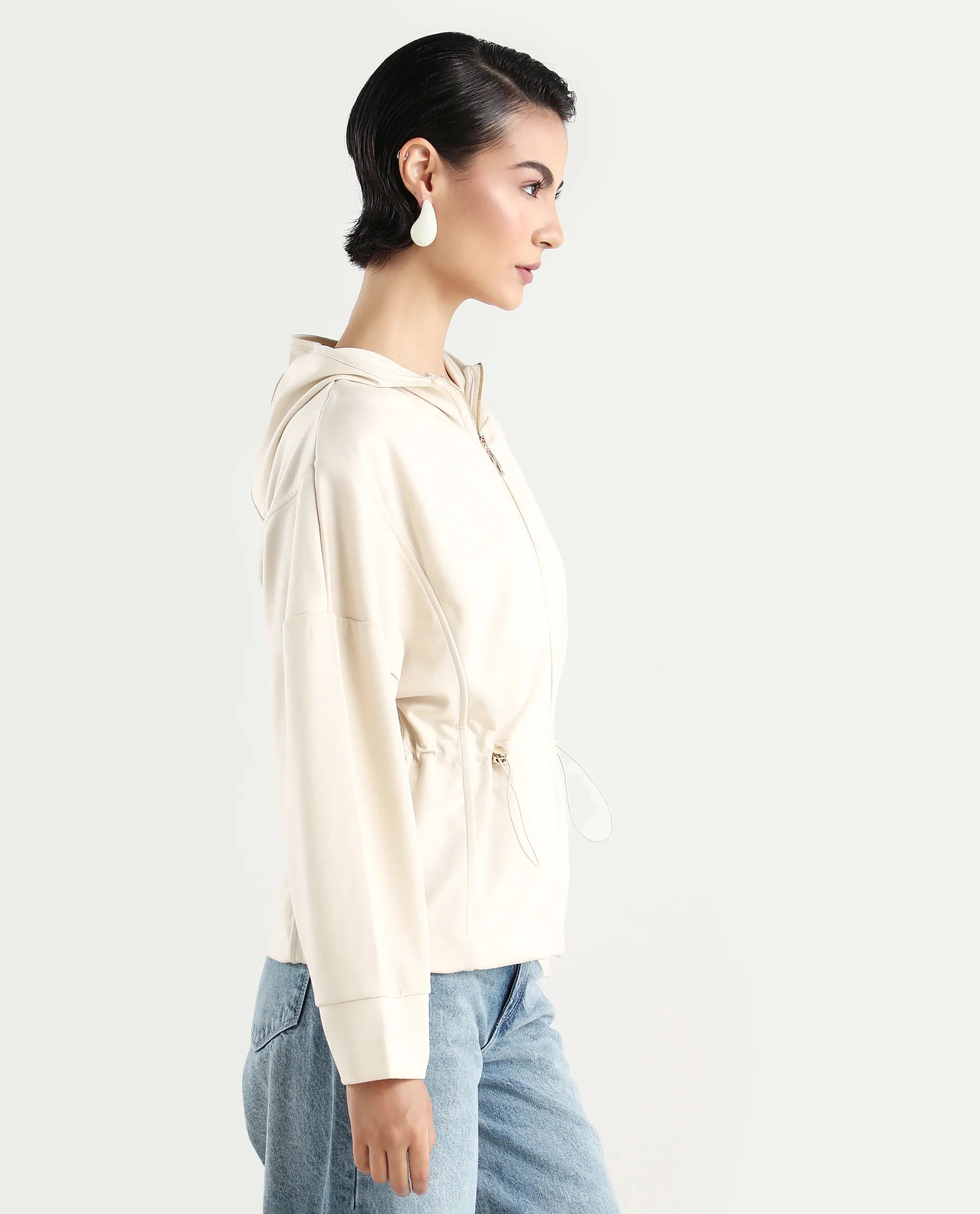 Rareism Women's Onerler Off White Modal Blend Hooded Plain Relaxed Fit Sweatshirt