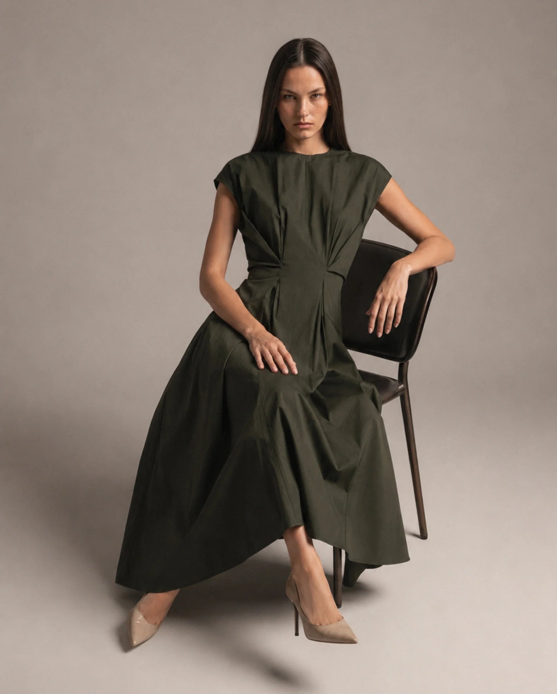 Rareism Women's Onky Olive Cotton Crew Neck Button Relaxed Plain Dress
