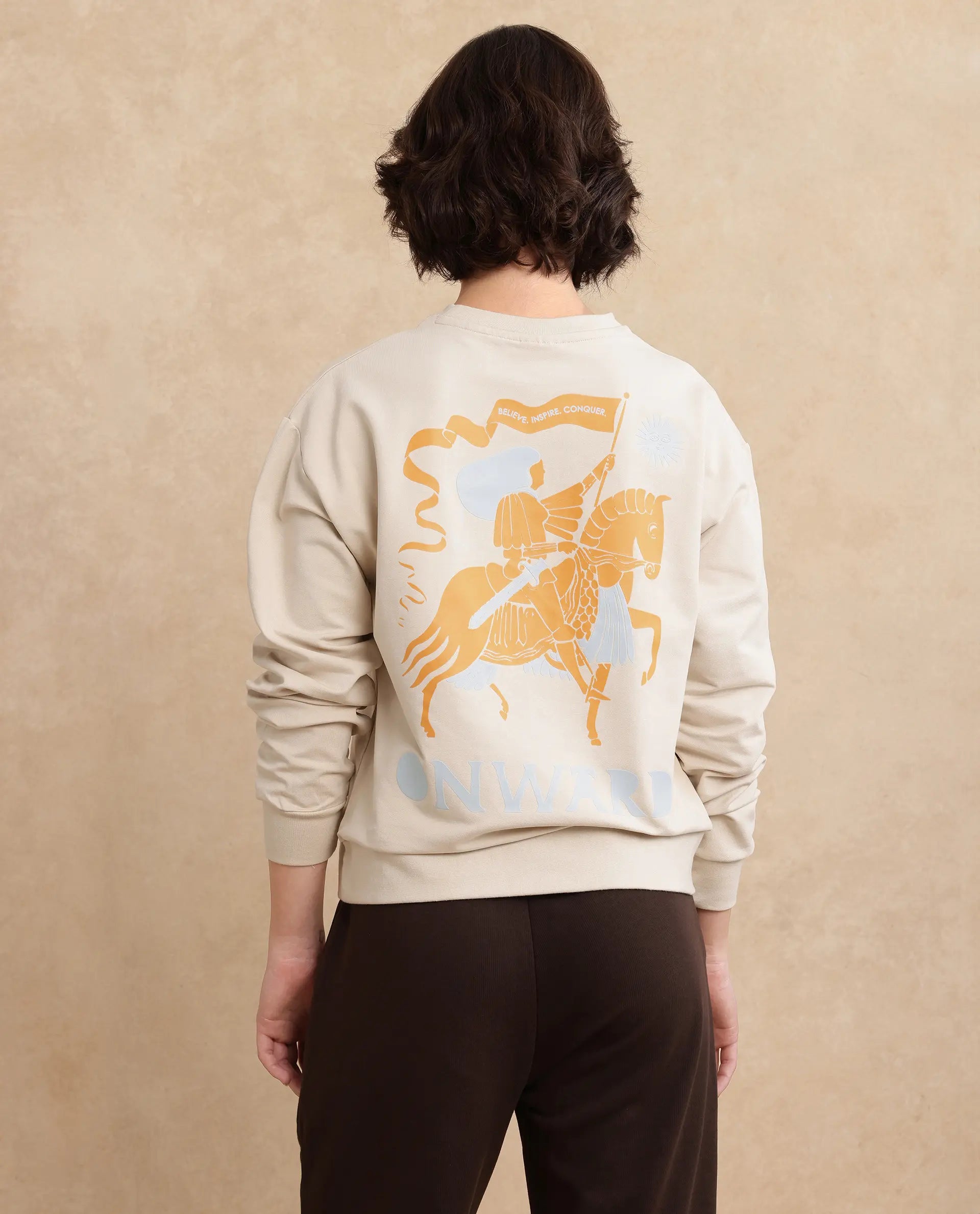 Rareism Women's Onwa Beige Cotton Blend Crew Neck Graphic Print Relaxed Fit Sweatshirt