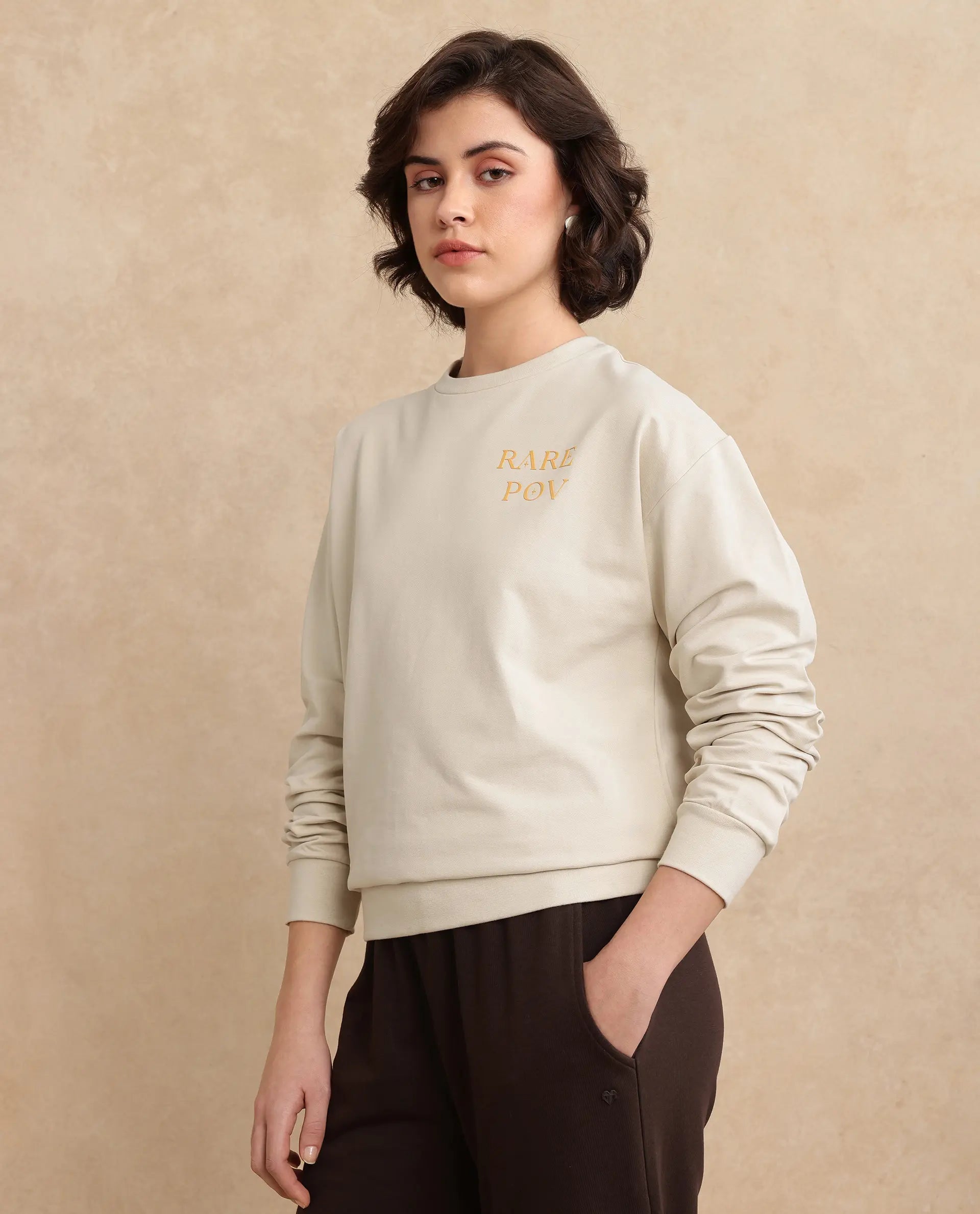 Rareism Women's Onwa Beige Cotton Blend Crew Neck Graphic Print Relaxed Fit Sweatshirt