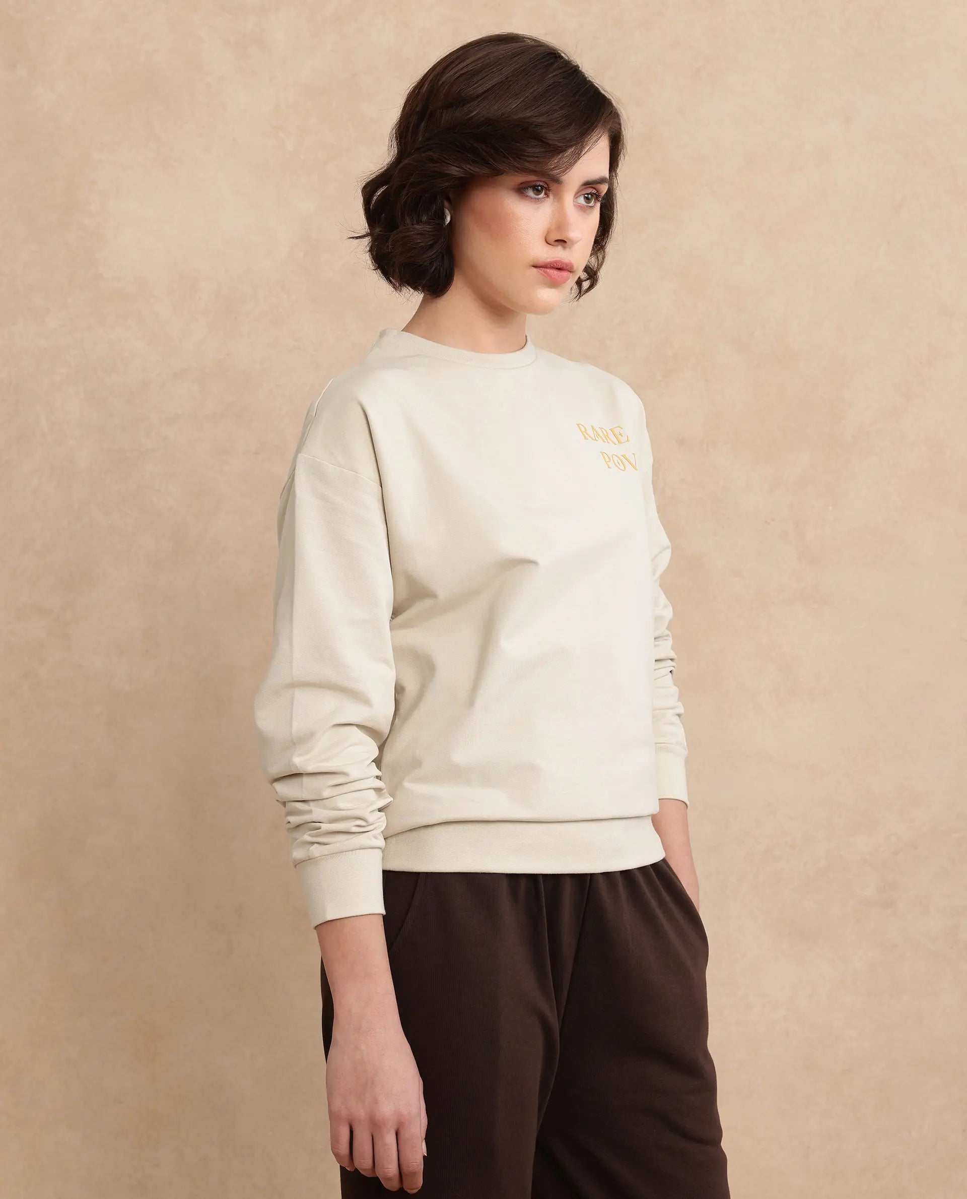 Rareism Women's Onwa Beige Cotton Blend Crew Neck Graphic Print Relaxed Fit Sweatshirt
