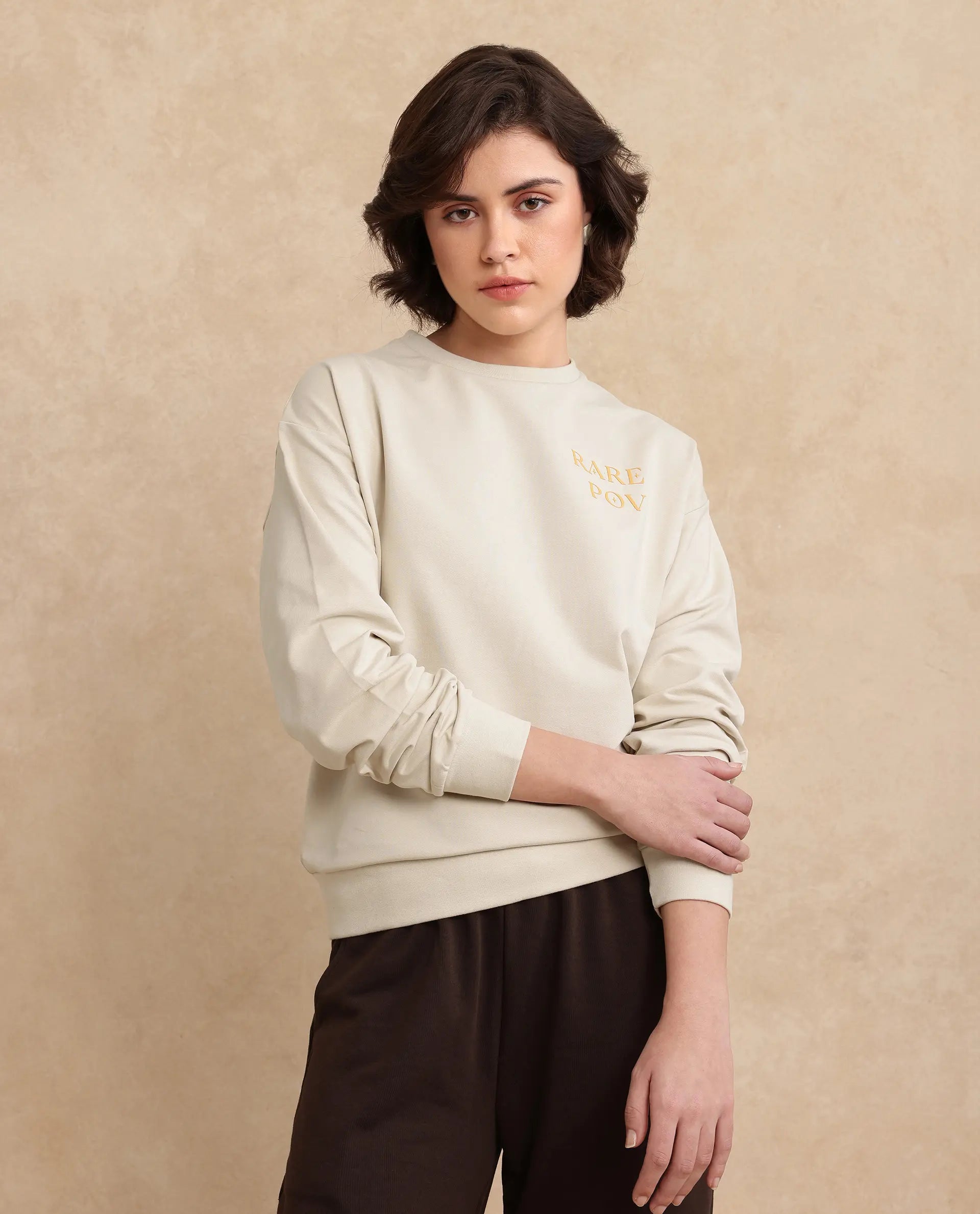 Rareism Women's Onwa Beige Cotton Blend Crew Neck Graphic Print Relaxed Fit Sweatshirt