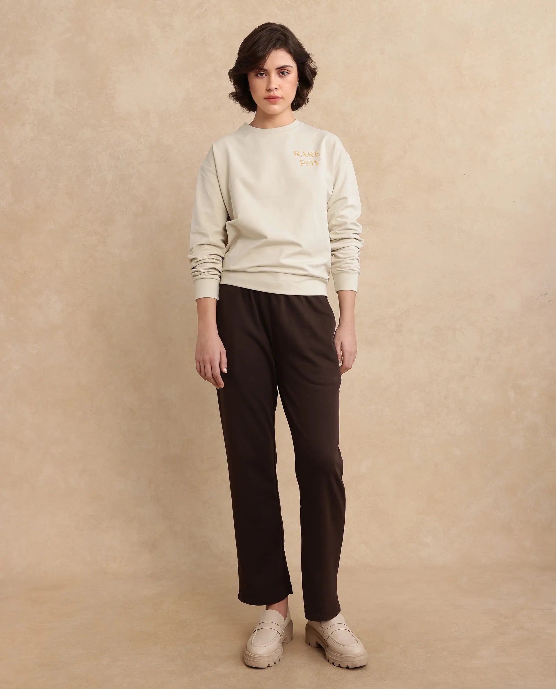 Rareism Women's Onwa Beige Cotton Blend Crew Neck Graphic Print Relaxed Fit Sweatshirt