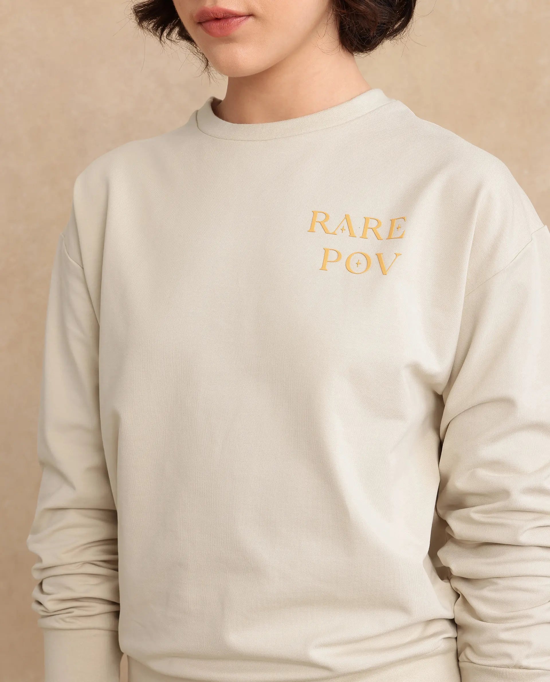 Rareism Women's Onwa Beige Cotton Blend Crew Neck Graphic Print Relaxed Fit Sweatshirt