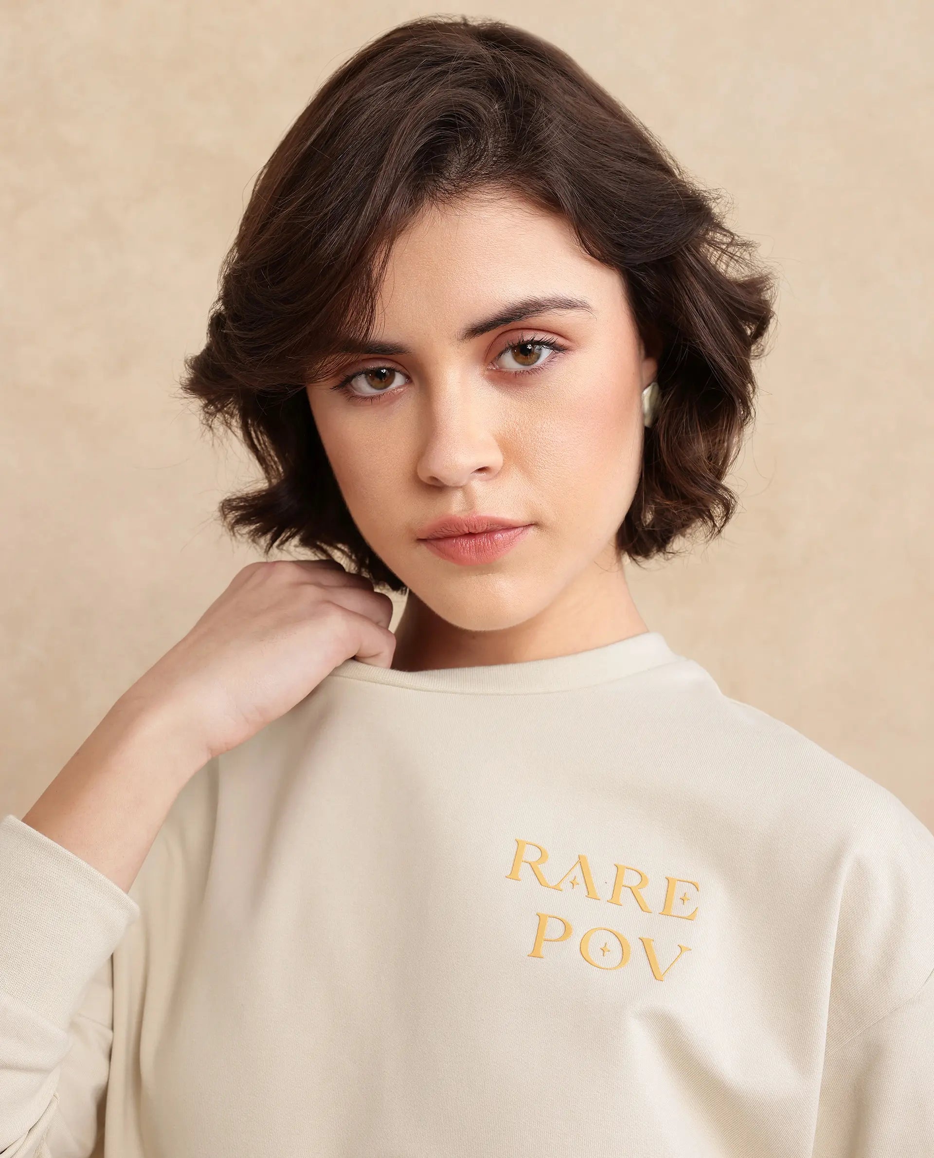 Rareism Women's Onwa Beige Cotton Blend Crew Neck Graphic Print Relaxed Fit Sweatshirt