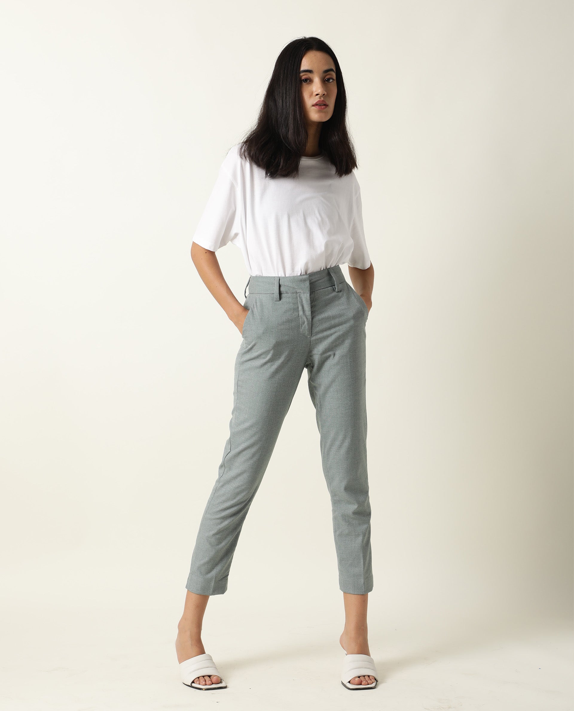 Rareism Women Ophilia Green Trousers Cotton Poly Fabric Full Sleeves Button Closure Solid