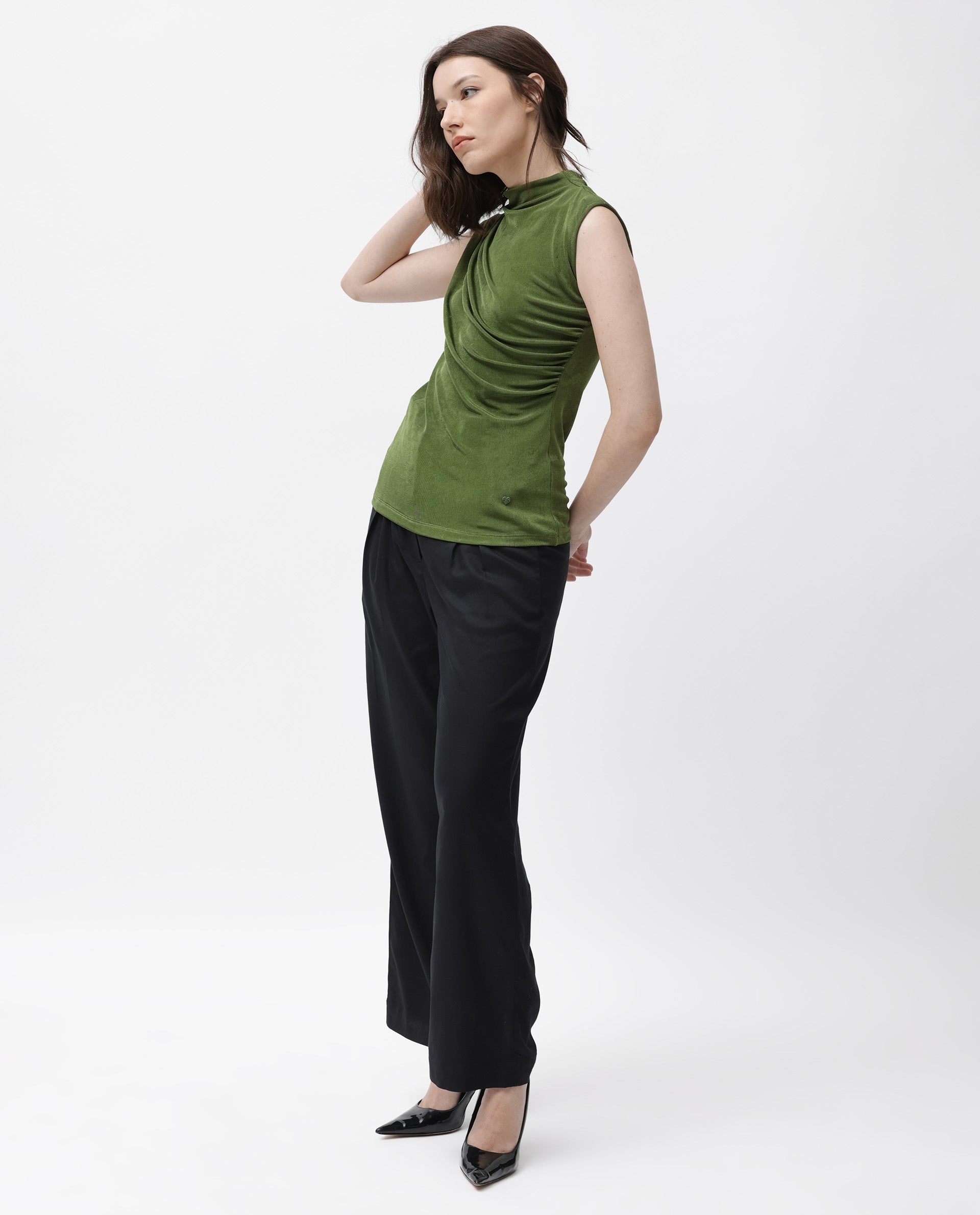 Rareism Women's Optus Green Polyester Blend Cowl Neck Plain Sleeveless Regular Fit Top