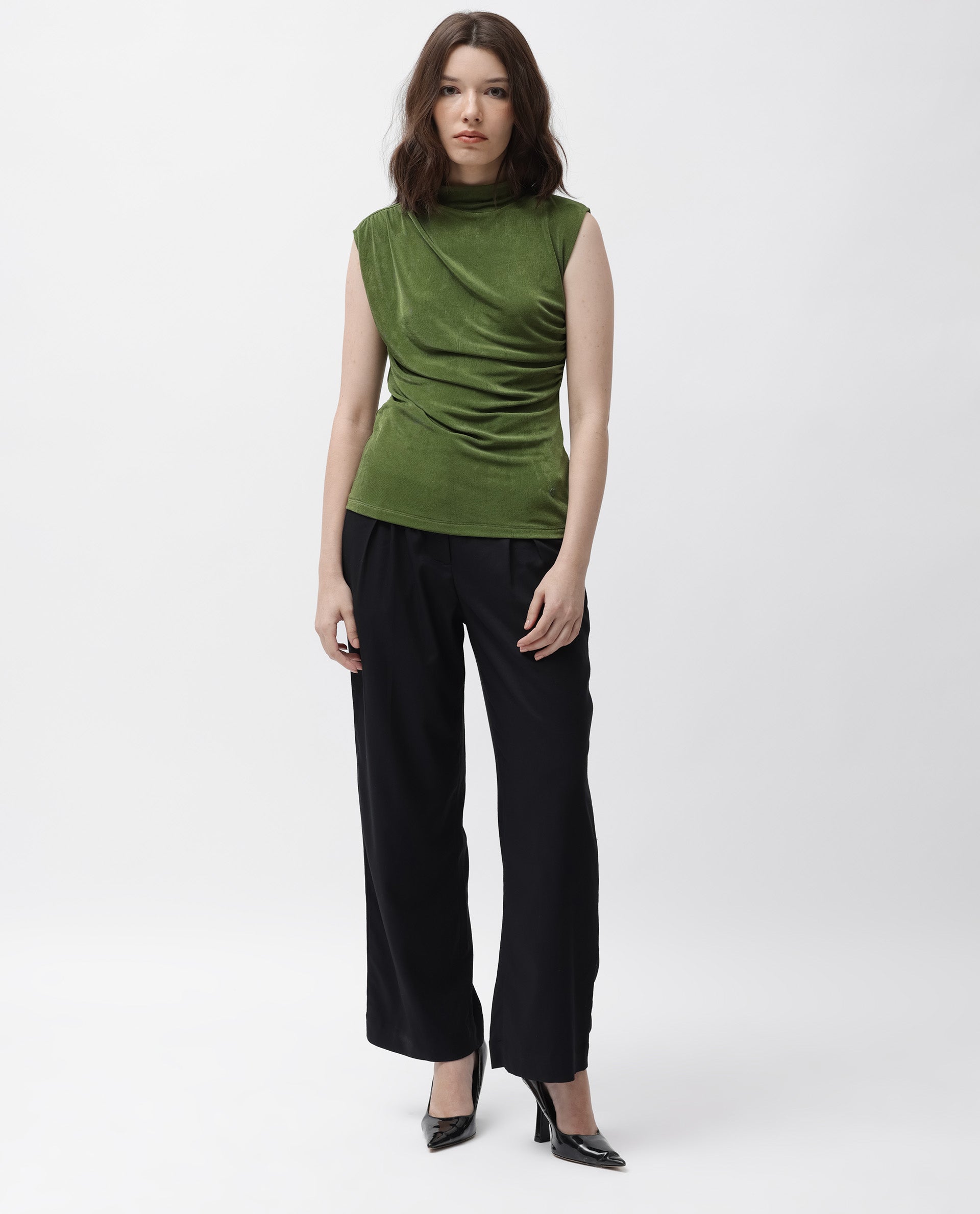 Rareism Women's Optus Green Polyester Blend Cowl Neck Plain Sleeveless Regular Fit Top