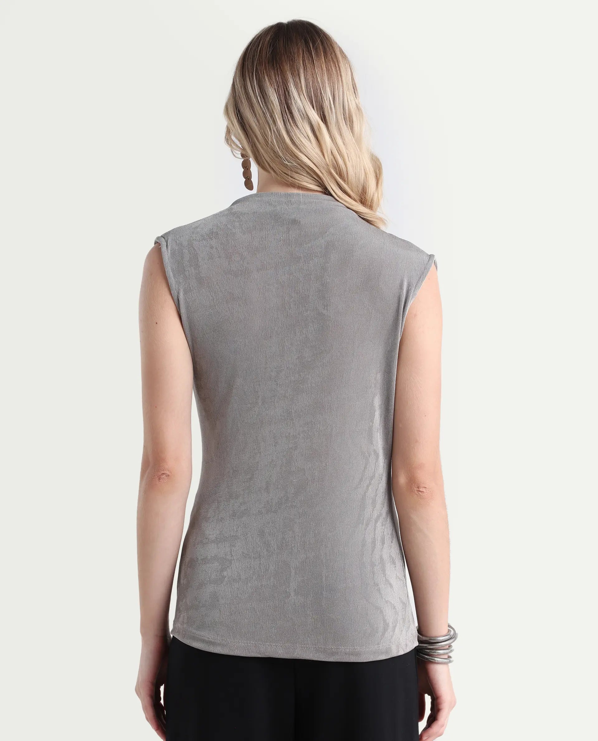 Rareism Women's Optus Light Grey Polyester Blend Cowl Neck Plain Sleeveless Regular Fit Top