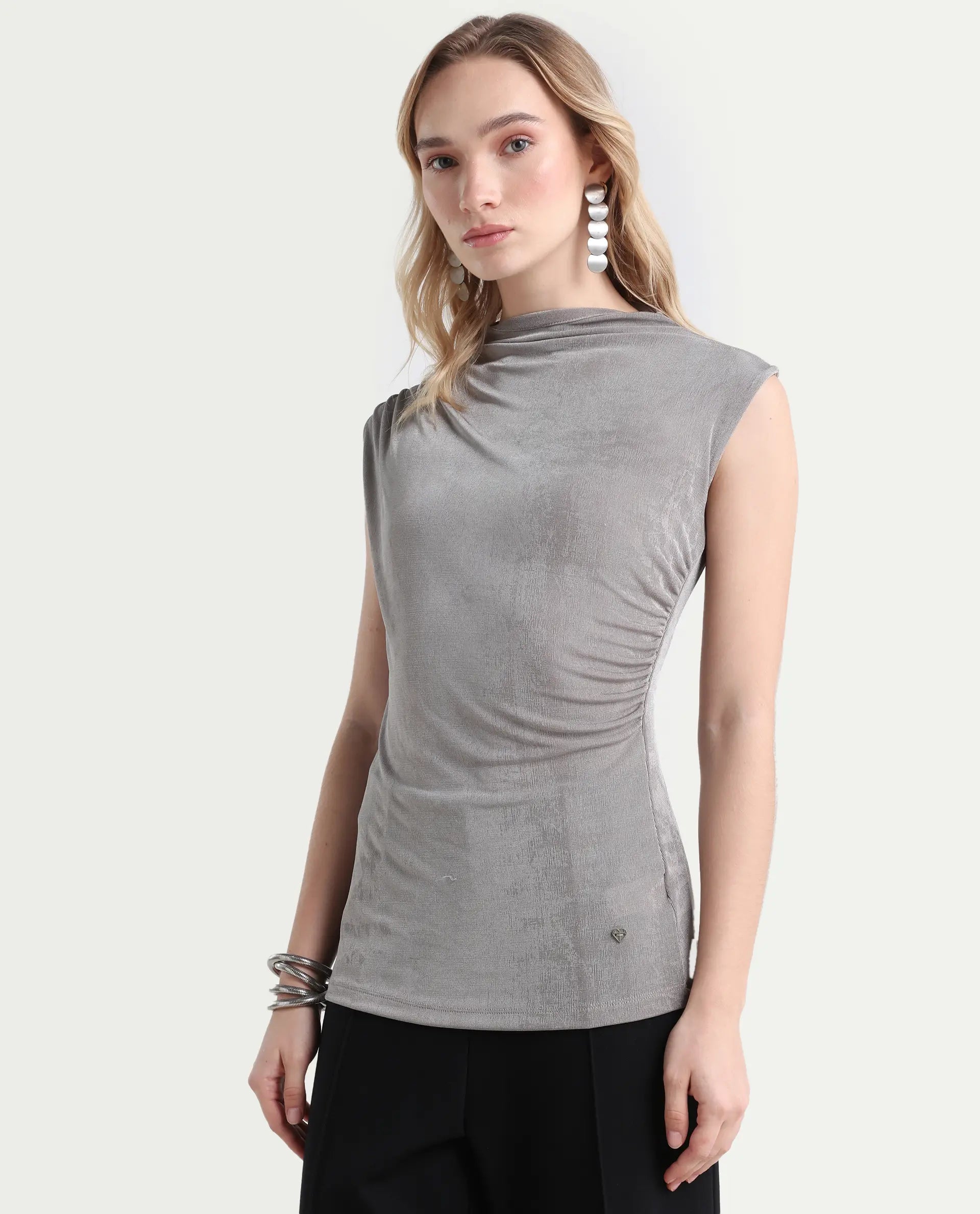 Rareism Women's Optus Light Grey Polyester Blend Cowl Neck Plain Sleeveless Regular Fit Top