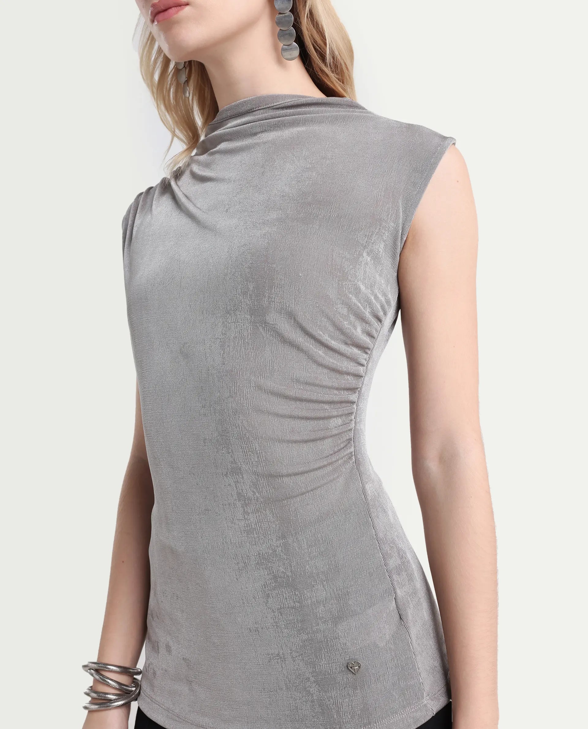 Rareism Women's Optus Light Grey Polyester Blend Cowl Neck Plain Sleeveless Regular Fit Top