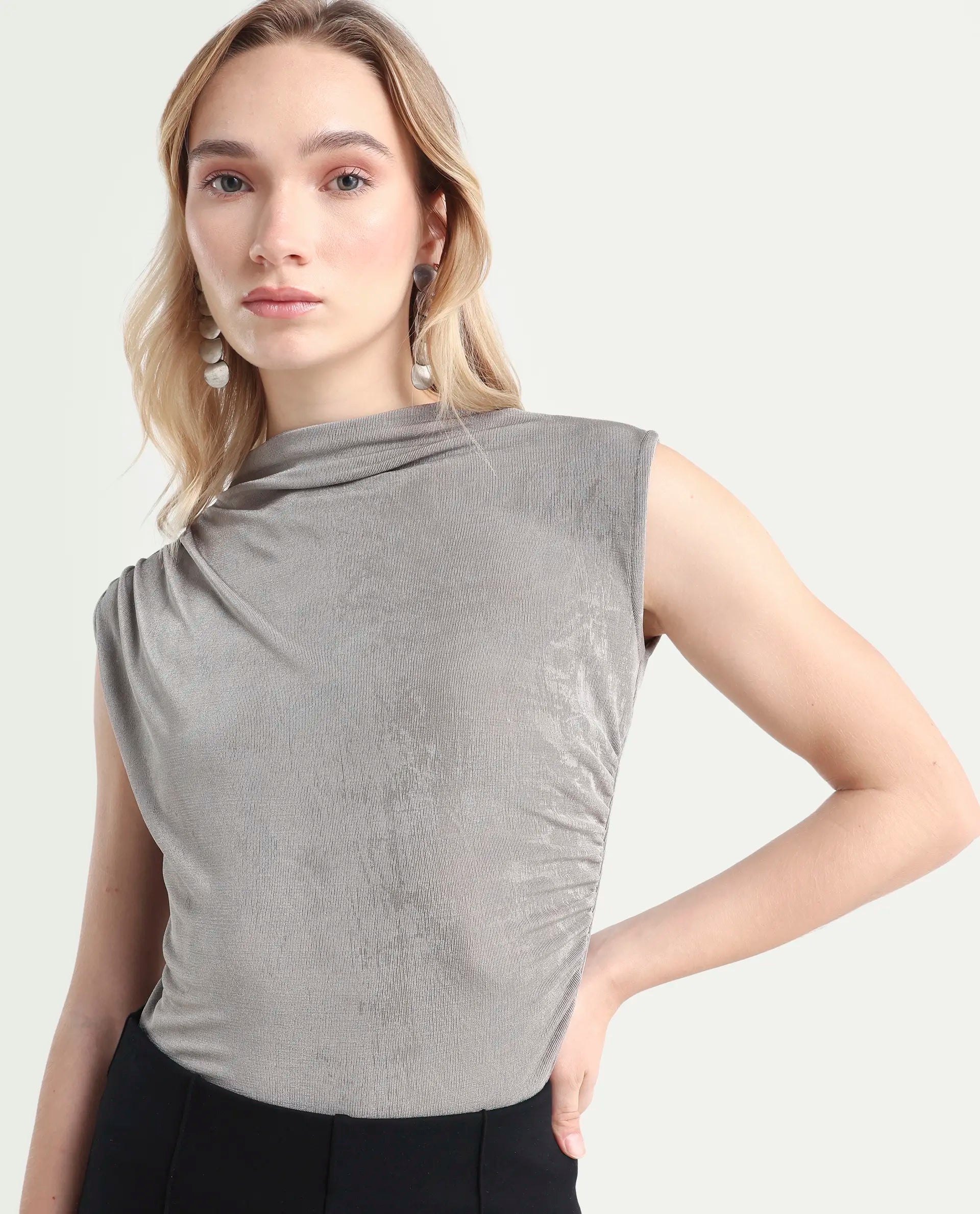 Rareism Women's Optus Light Grey Polyester Blend Cowl Neck Plain Sleeveless Regular Fit Top