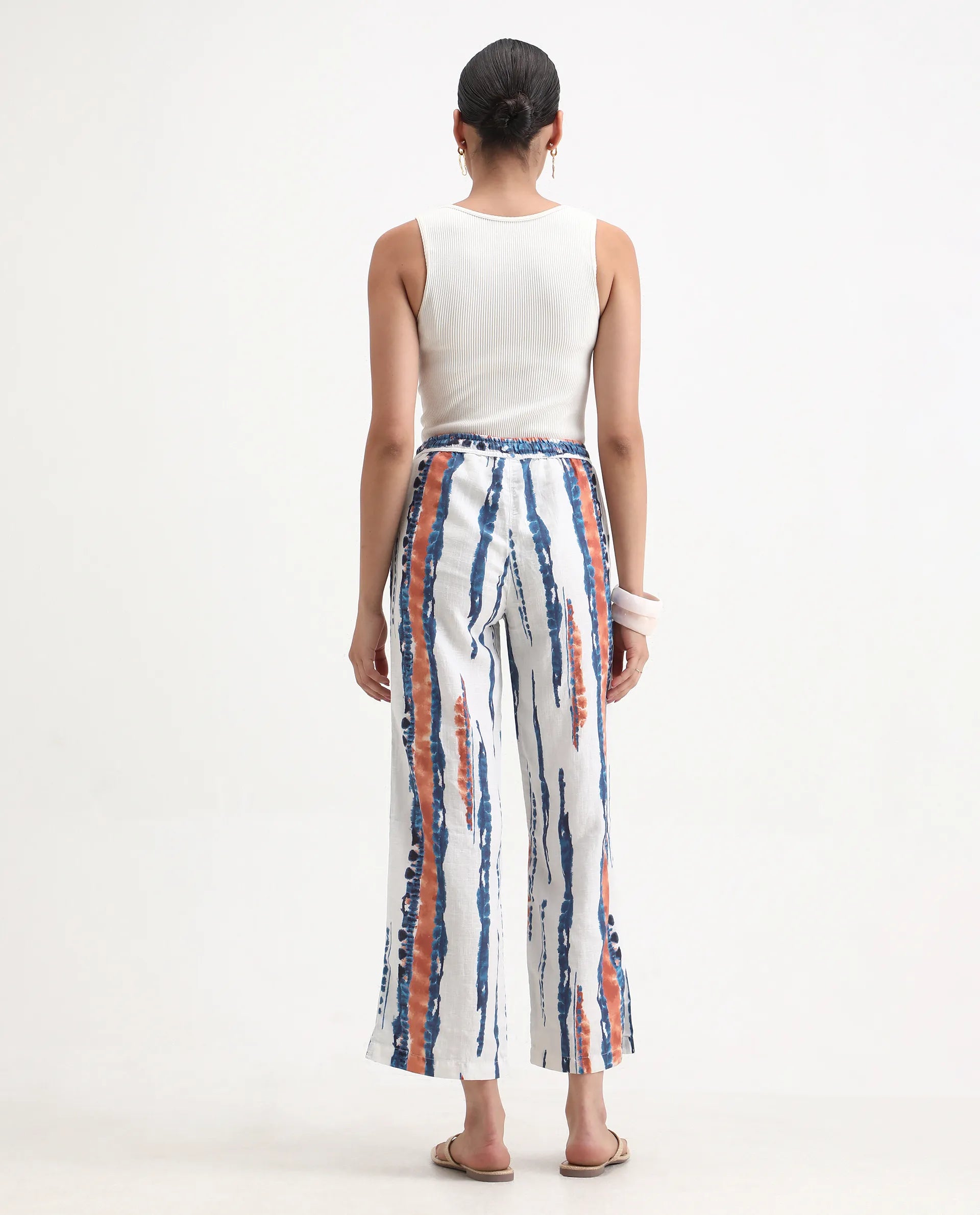 Rareism Women's Opus Offwhite Linen Abstract Print Ankle Length Tailored Trouser