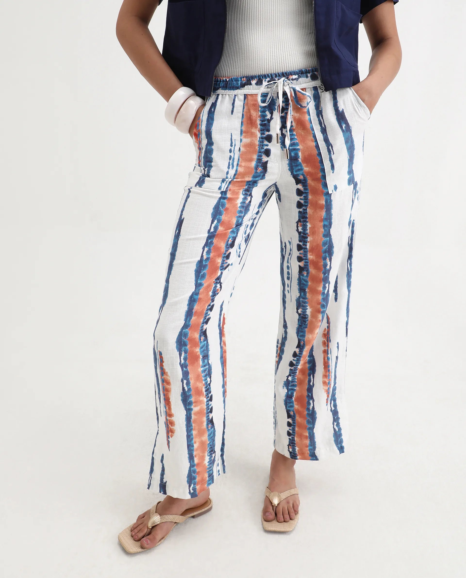 Rareism Women's Opus Offwhite Linen Abstract Print Ankle Length Tailored Trouser