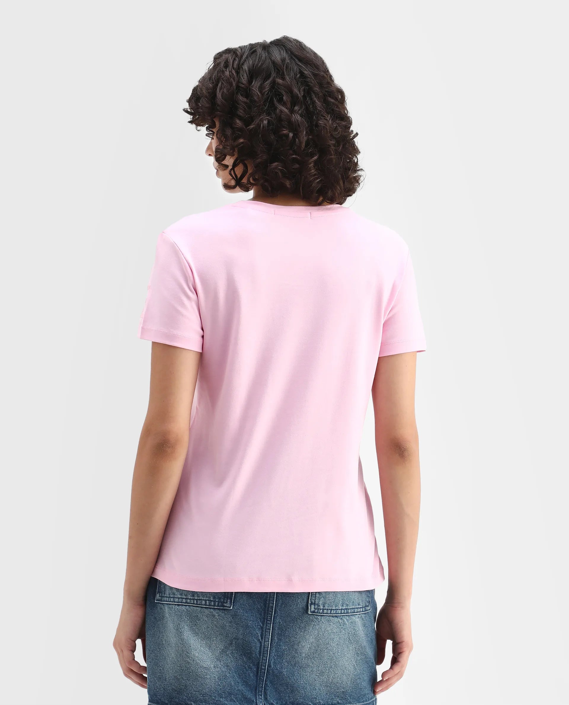 Rareism Women's Oratio Purple Cotton Crew Neck Flock Print Regular Fit T-Shirt