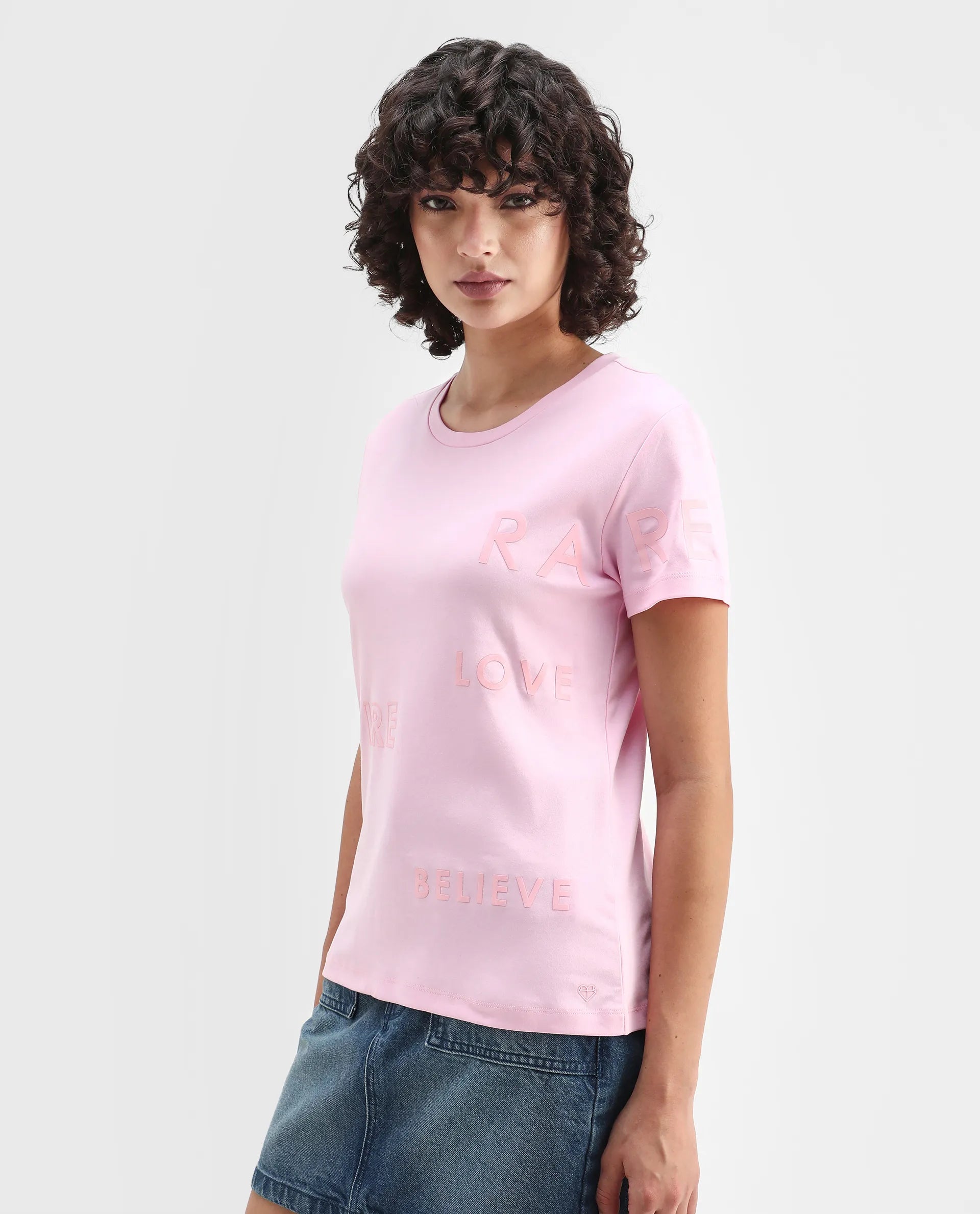 Rareism Women's Oratio Purple Cotton Crew Neck Flock Print Regular Fit T-Shirt