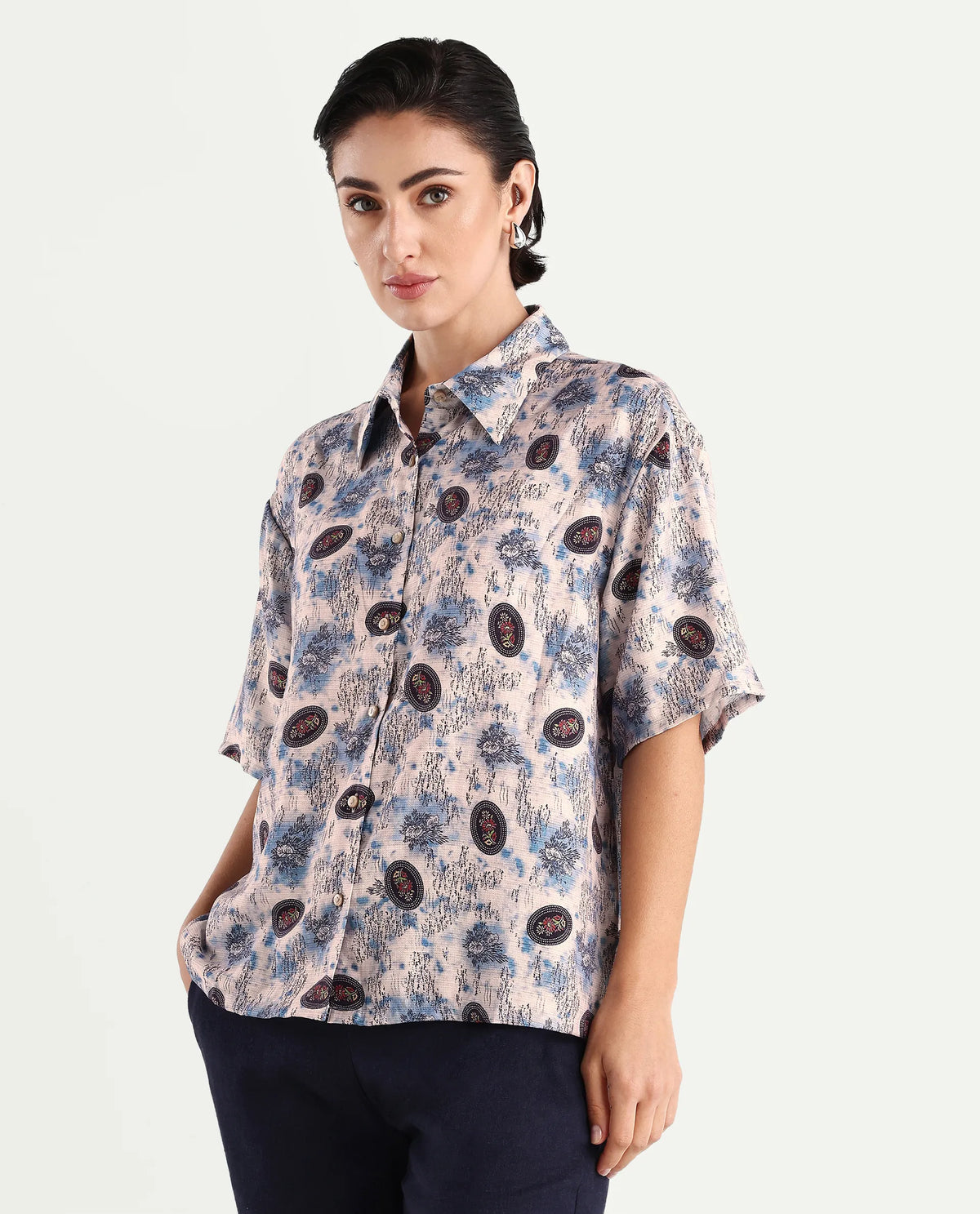 Rareism Women's Orchard Off White Viscose Blend Spread Collar Abstract Print Boxy Fit Top