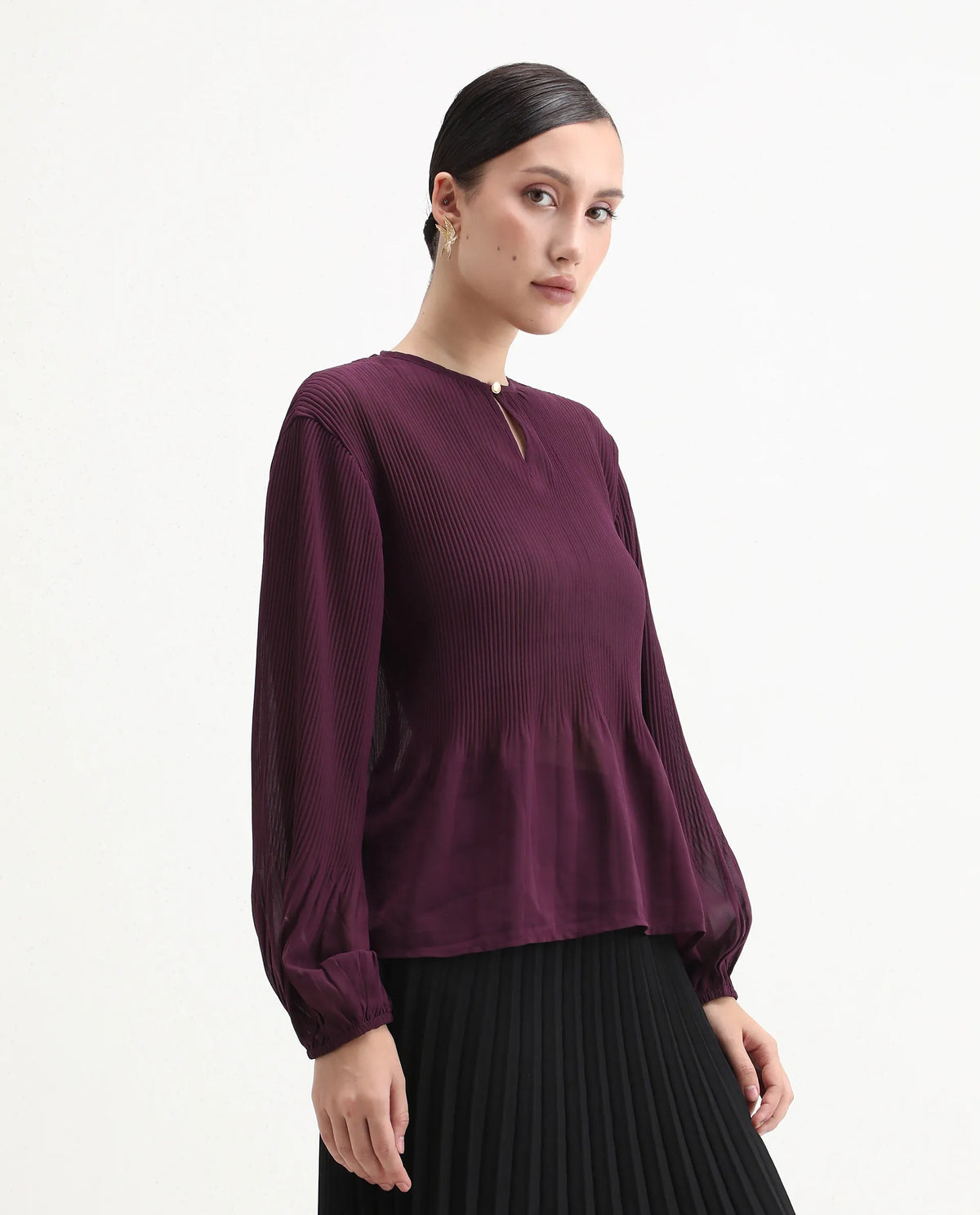 Rareism Women's Ordu Purple Polyester Mandarin Collar Plain Regular Fit Top