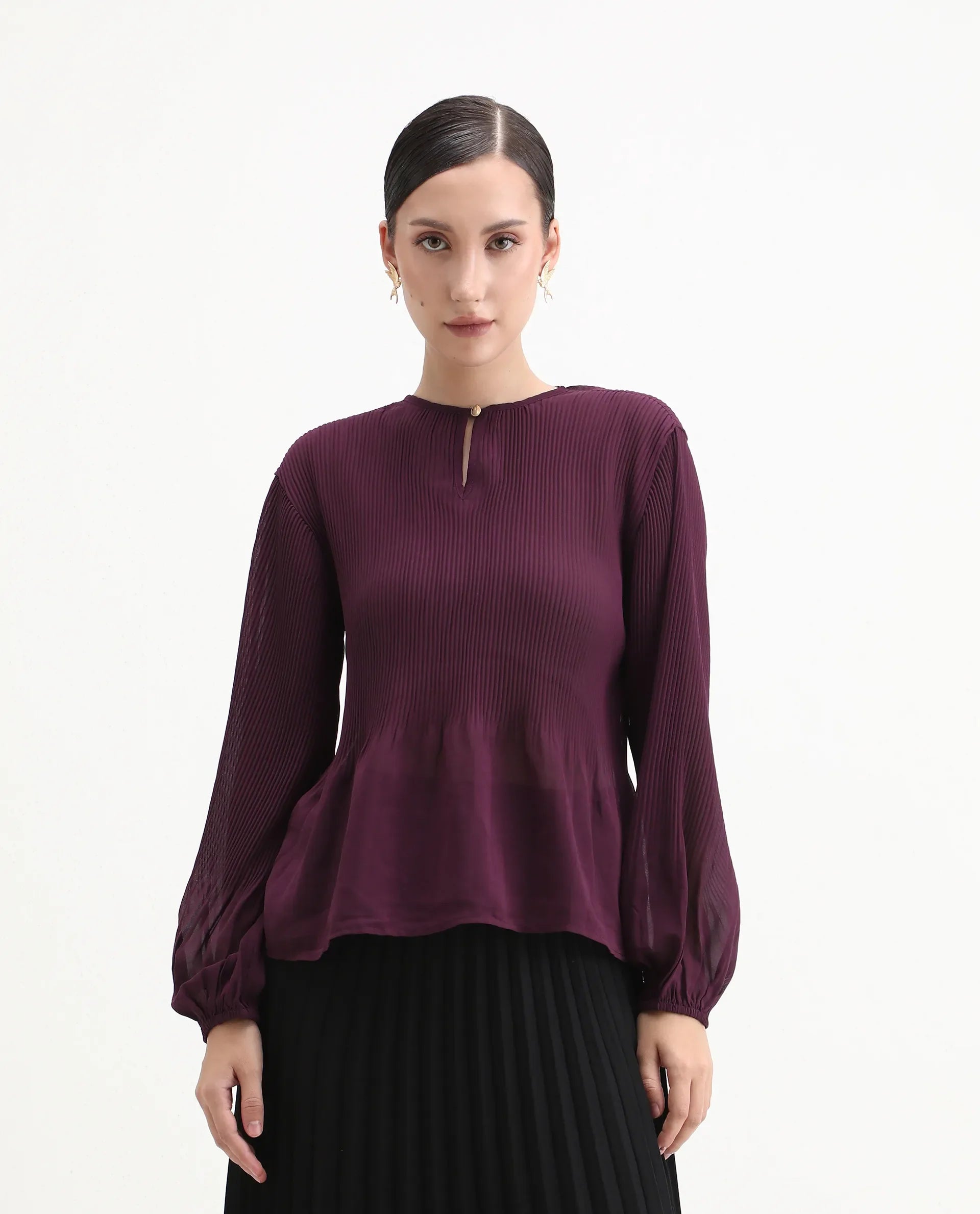 Rareism Women's Ordu Purple Polyester Mandarin Collar Plain Regular Fit Top