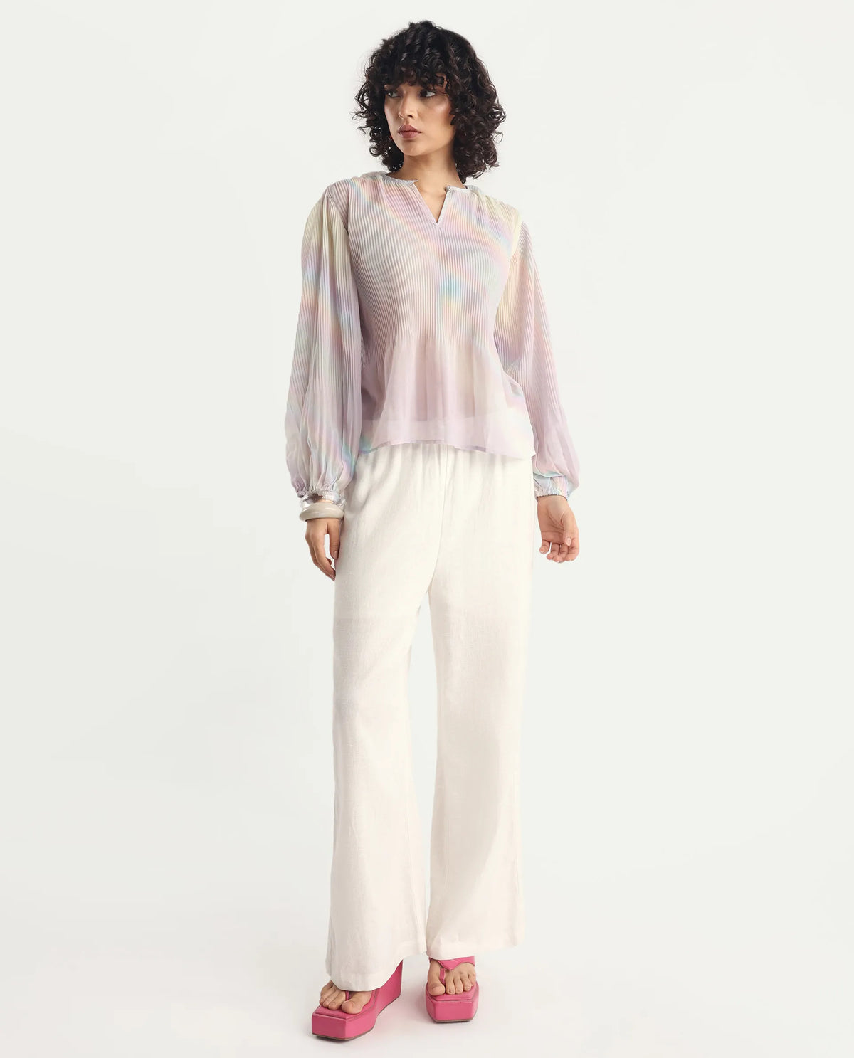 Rareism Women's Orirt Light Multi Polyester Mandarin Collar Ombre Regular Fit Top