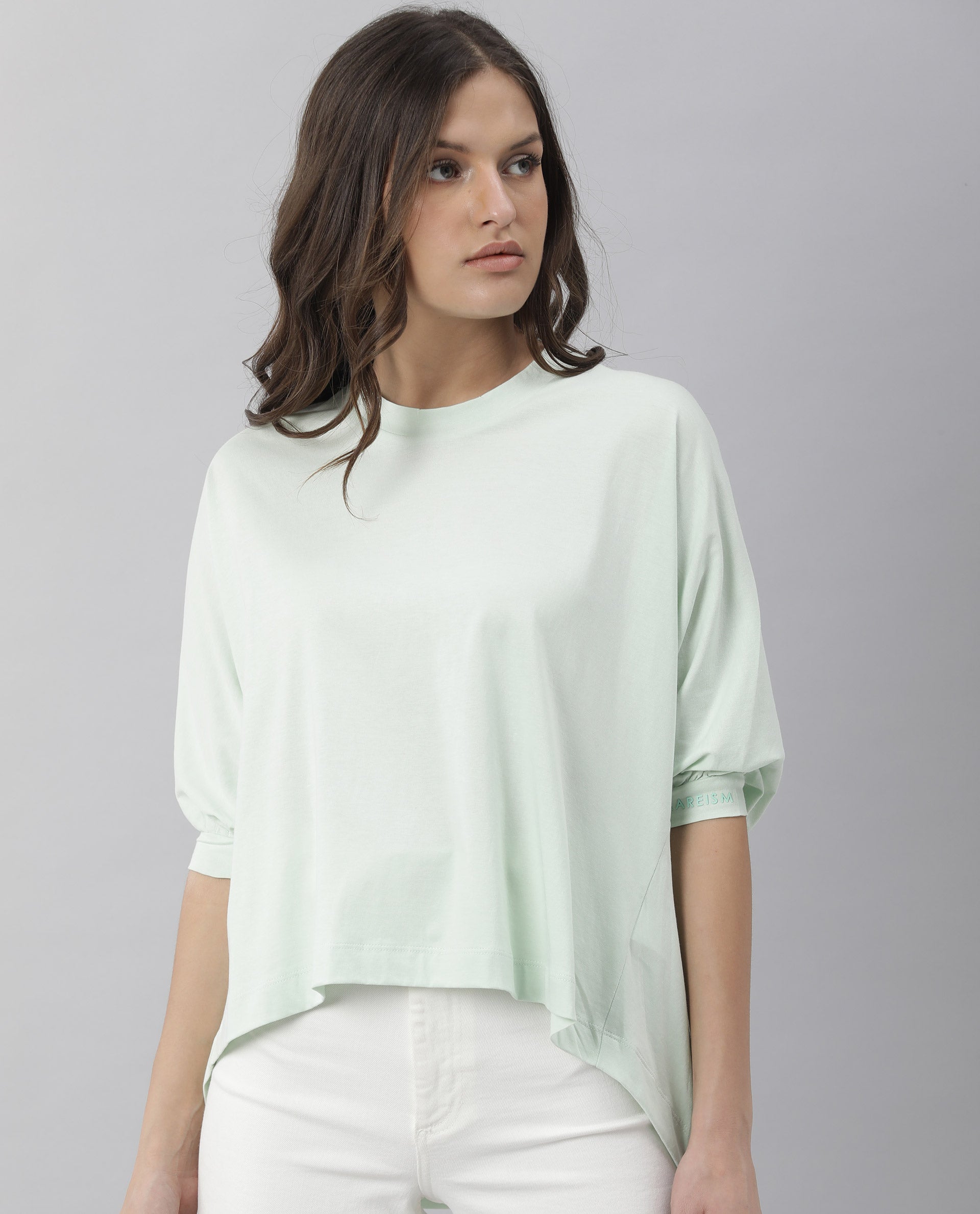 Rareism Women's Osmo Green Crew Neck Plain Knee Length Tailored Top