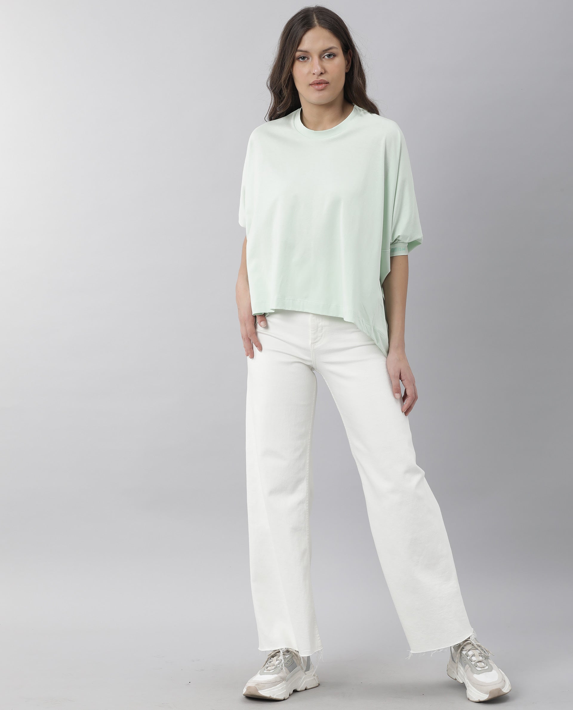 Rareism Women's Osmo Green Crew Neck Plain Knee Length Tailored Top