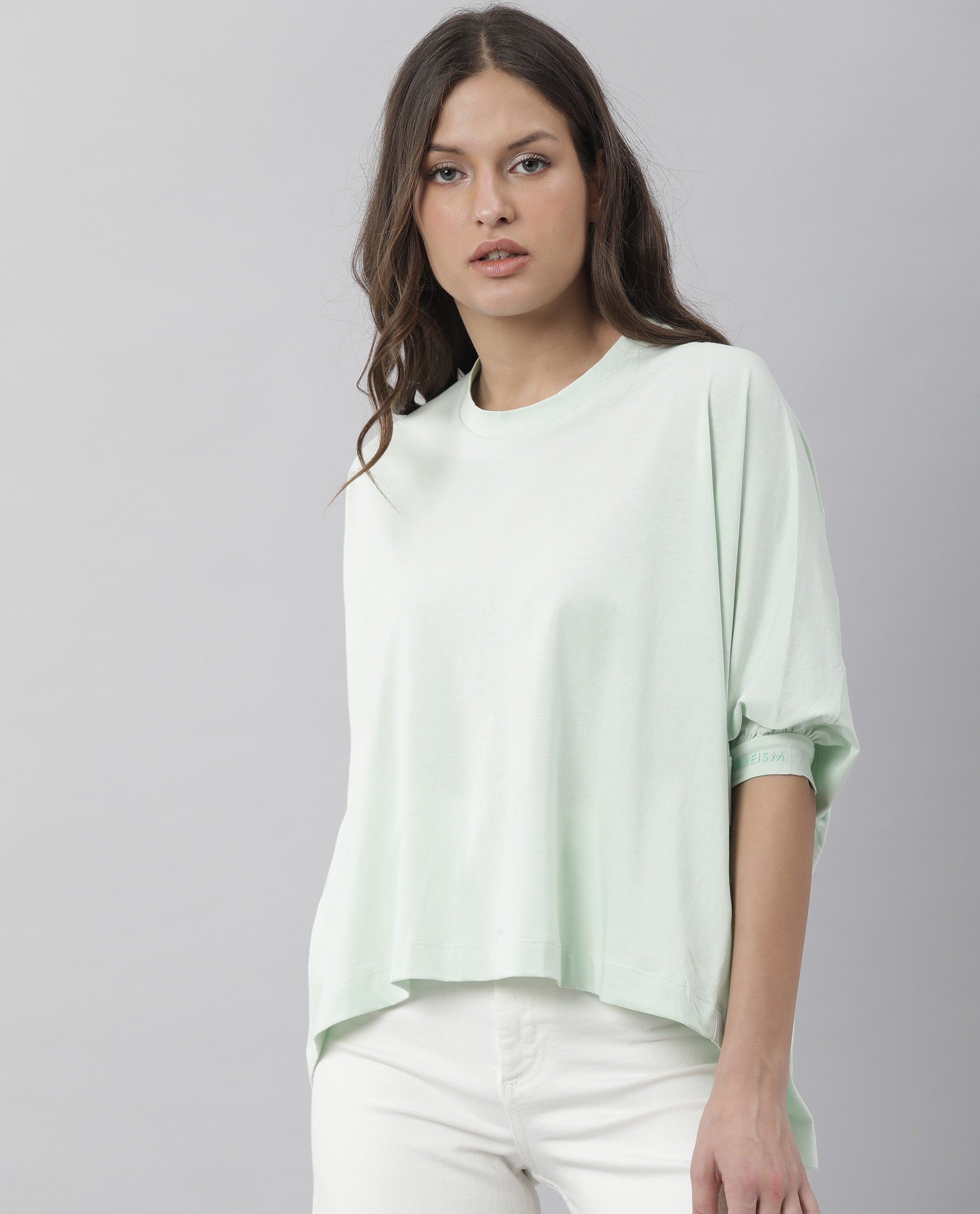Rareism Women's Osmo Green Crew Neck Plain Knee Length Tailored Top