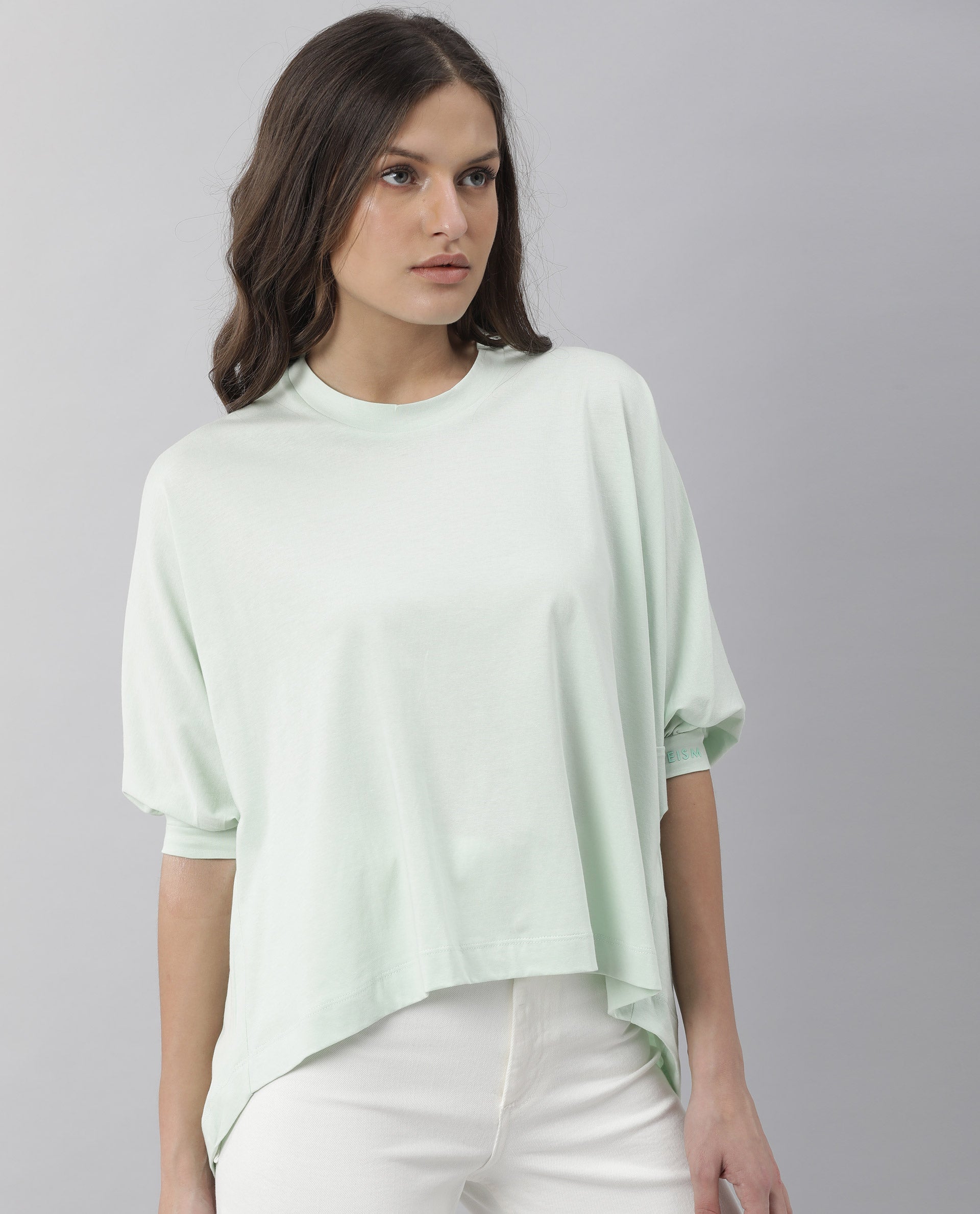 Rareism Women's Osmo Green Crew Neck Plain Knee Length Tailored Top