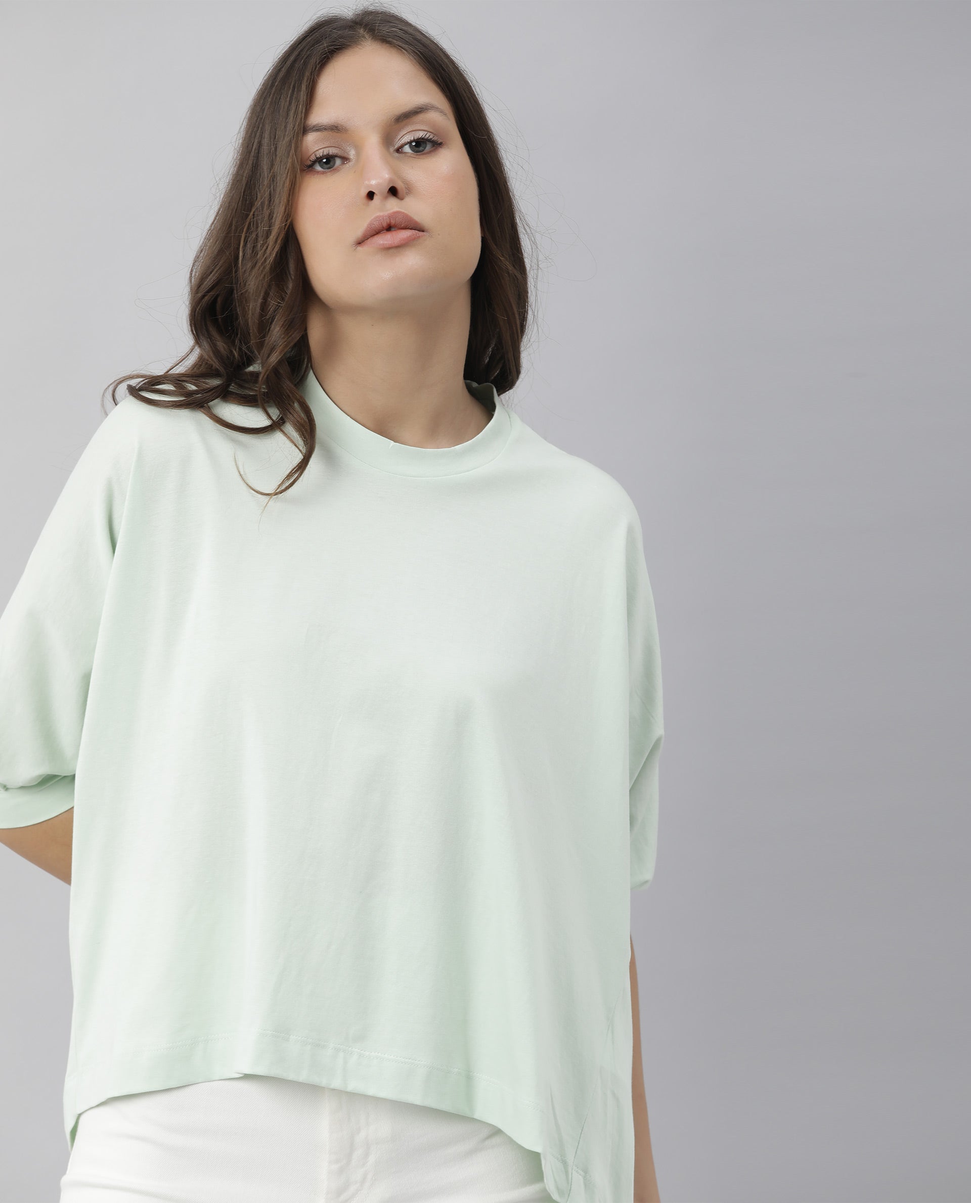Rareism Women's Osmo Green Crew Neck Plain Knee Length Tailored Top