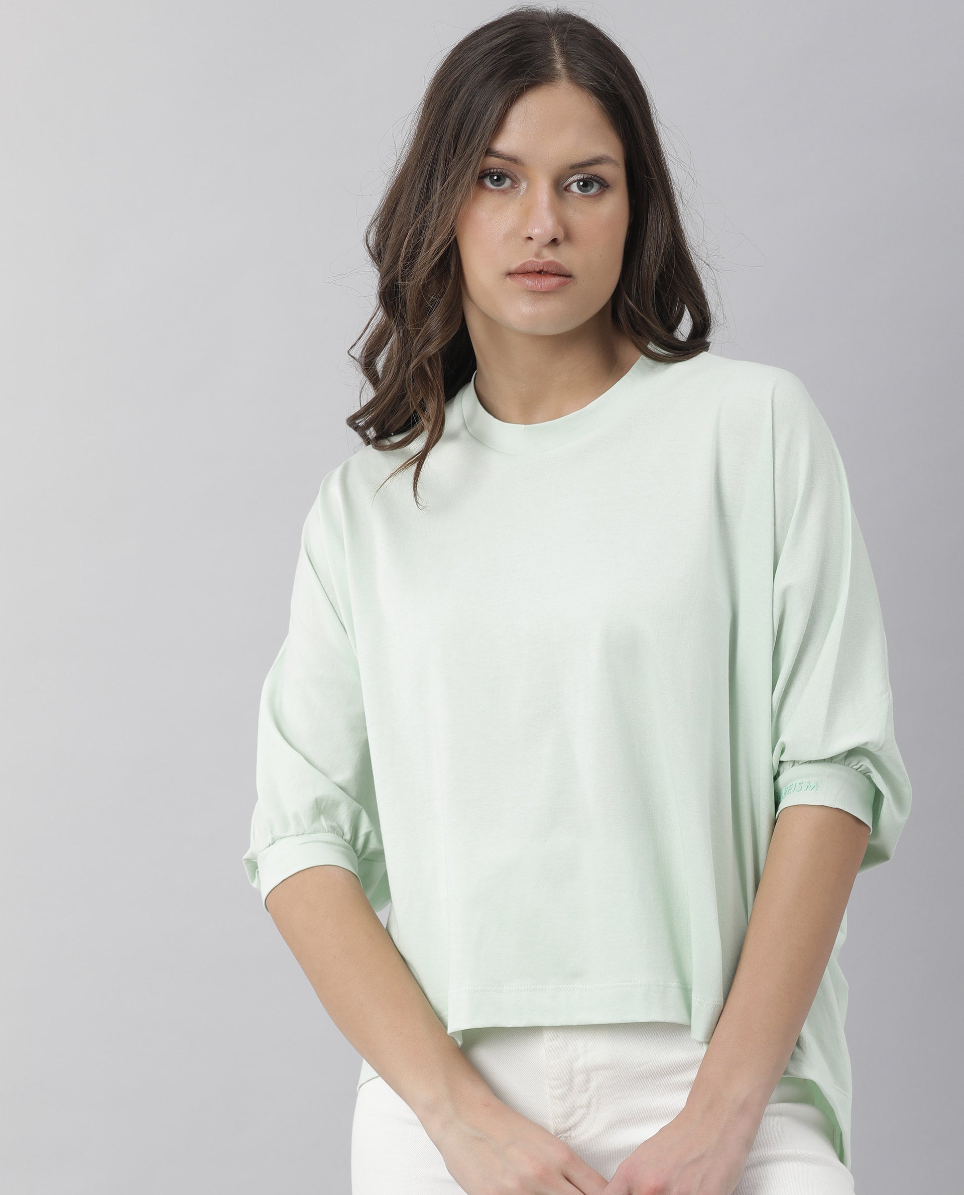 Rareism Women's Osmo Green Crew Neck Plain Knee Length Tailored Top
