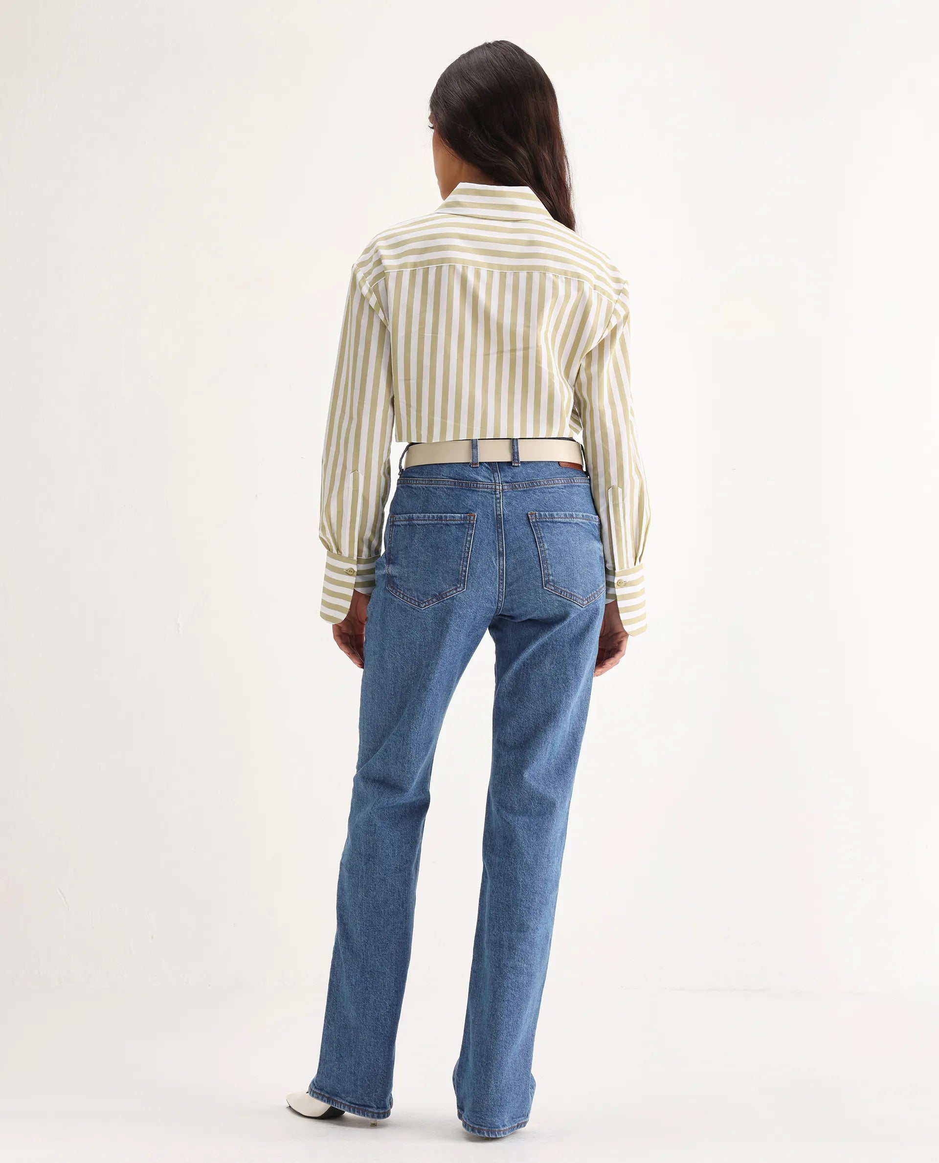 Rareism Women's Osseo Blue Cotton Blend Plain Ankle Length Smart Straight Fit Jeans