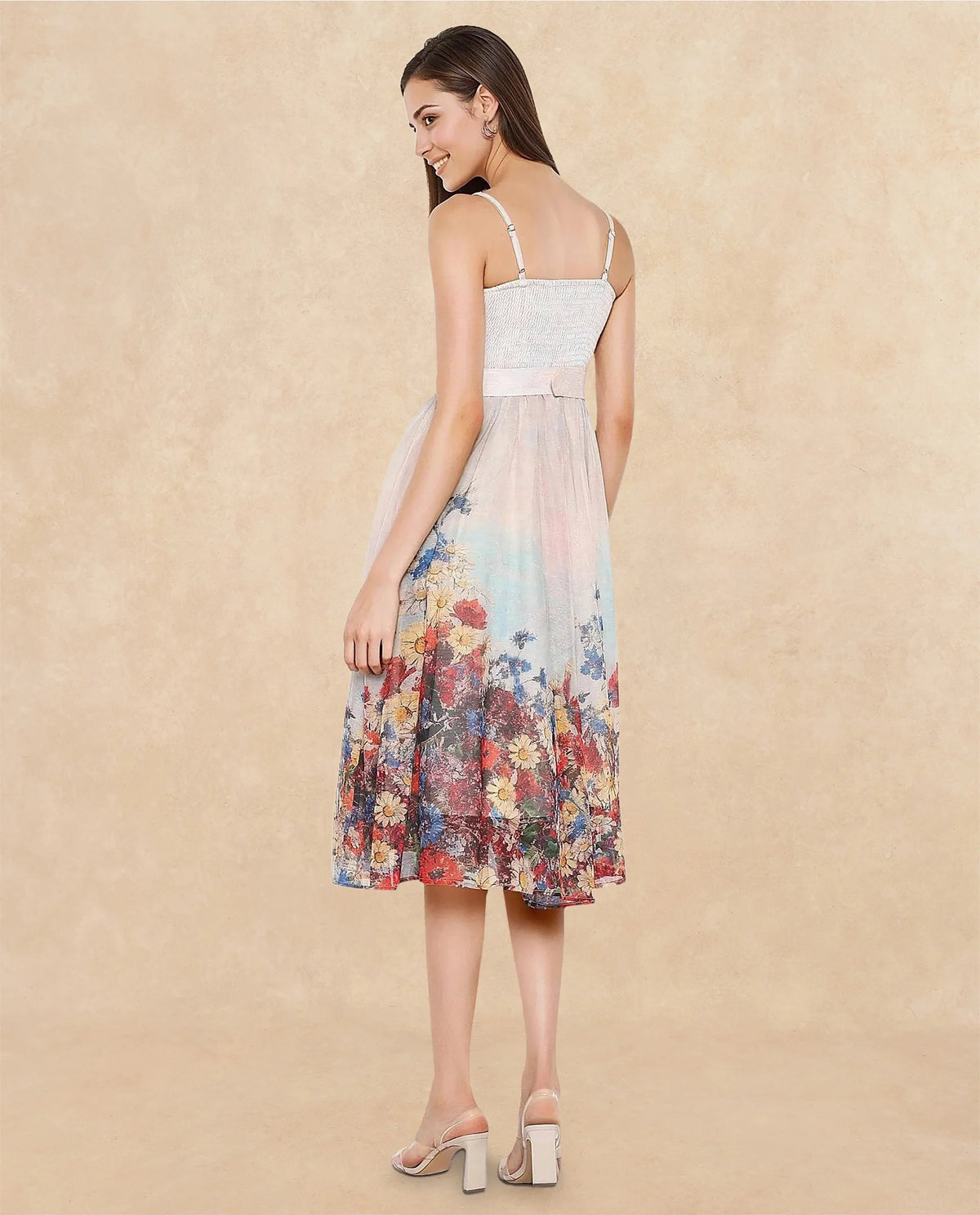 Rareism Women Osthu Light Multi Poly Blend Fabric Sleeveless Tube Neck Midi Floral Print Dress