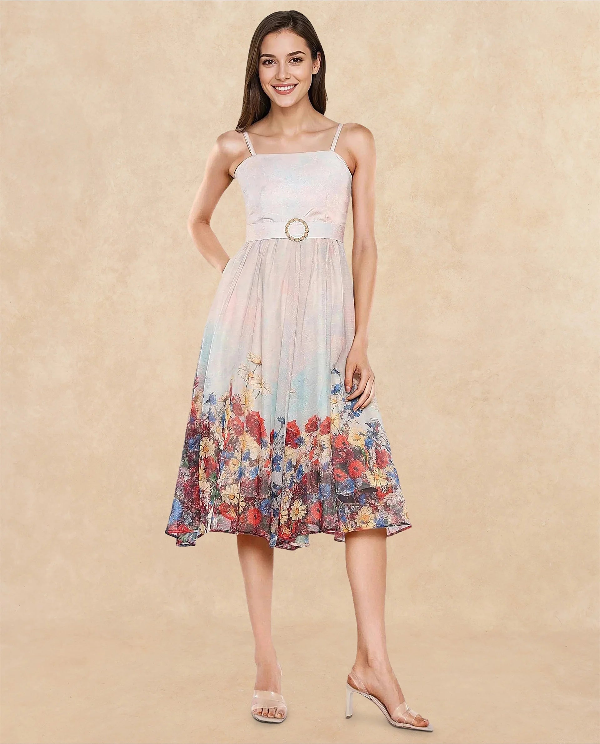 Rareism Women's Osthu Light Multi Polyester Blend Tube Neck Floral Print Sleeveless Midi Fit And Flare Dress