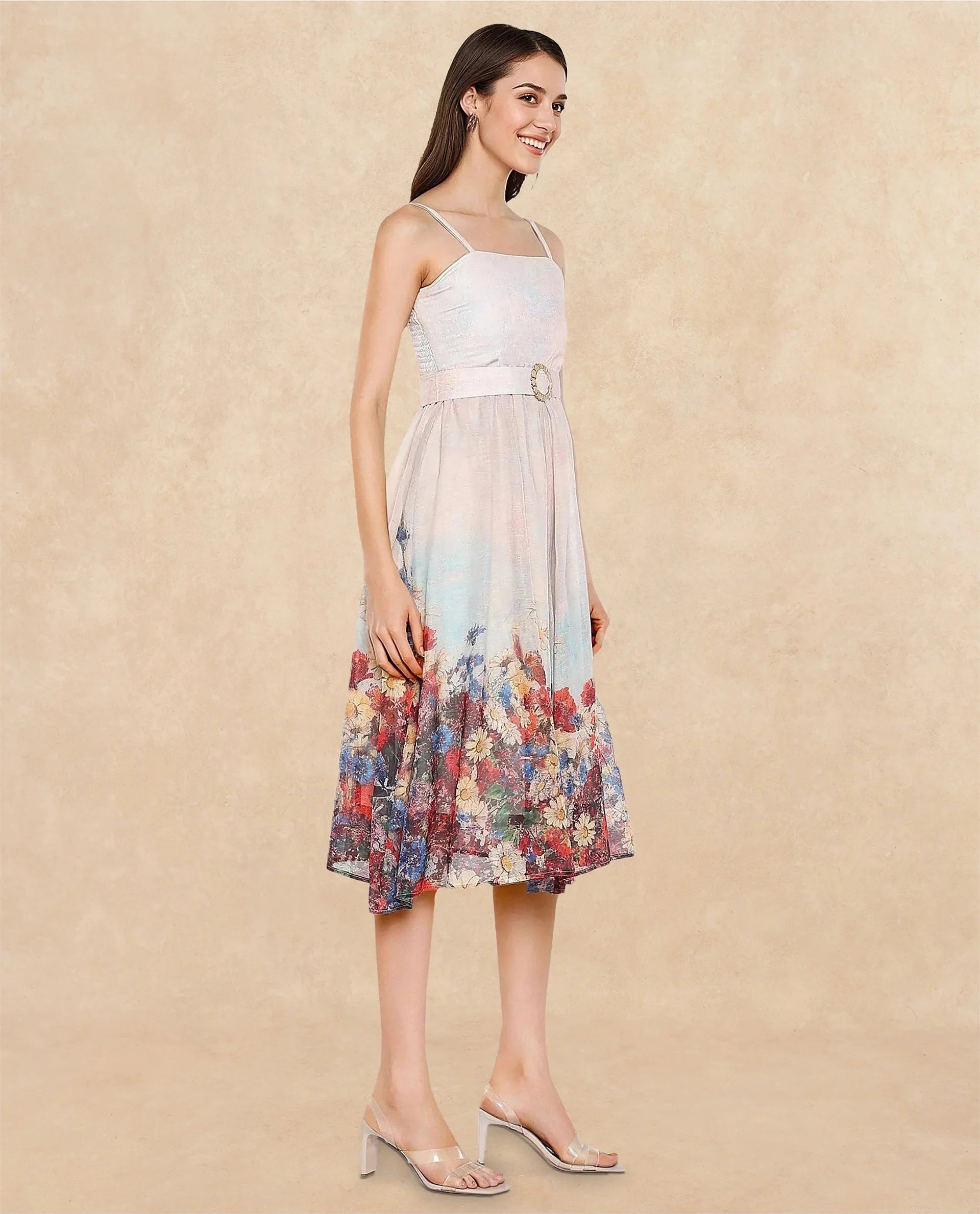 Rareism Women's Osthu Light Multi Polyester Blend Tube Neck Floral Print Sleeveless Midi Fit And Flare Dress