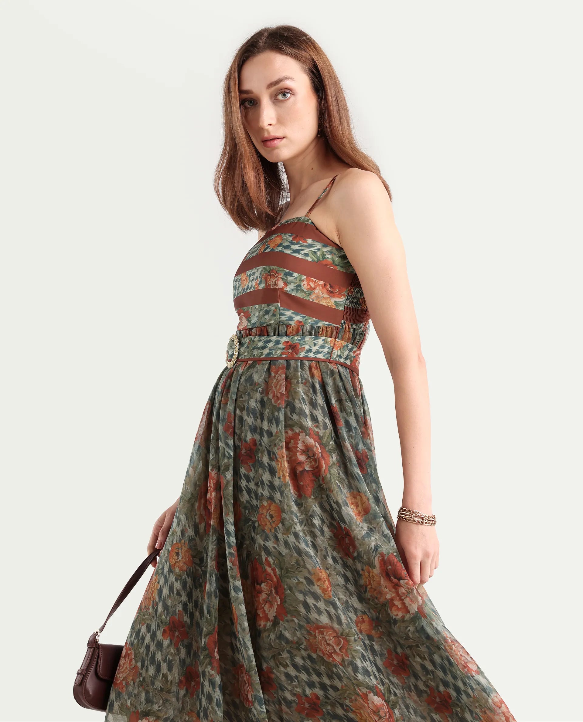 Rareism Women's Ostig Multi Satin Tube Neck Floral Print Sleeveless Midi Fit And Flare Dress