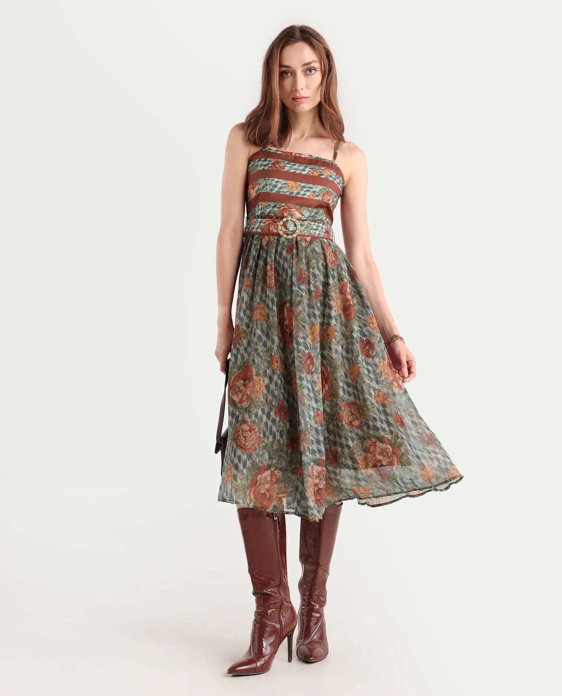 Rareism Women's Ostig Multi Satin Tube Neck Floral Print Sleeveless Midi Fit And Flare Dress