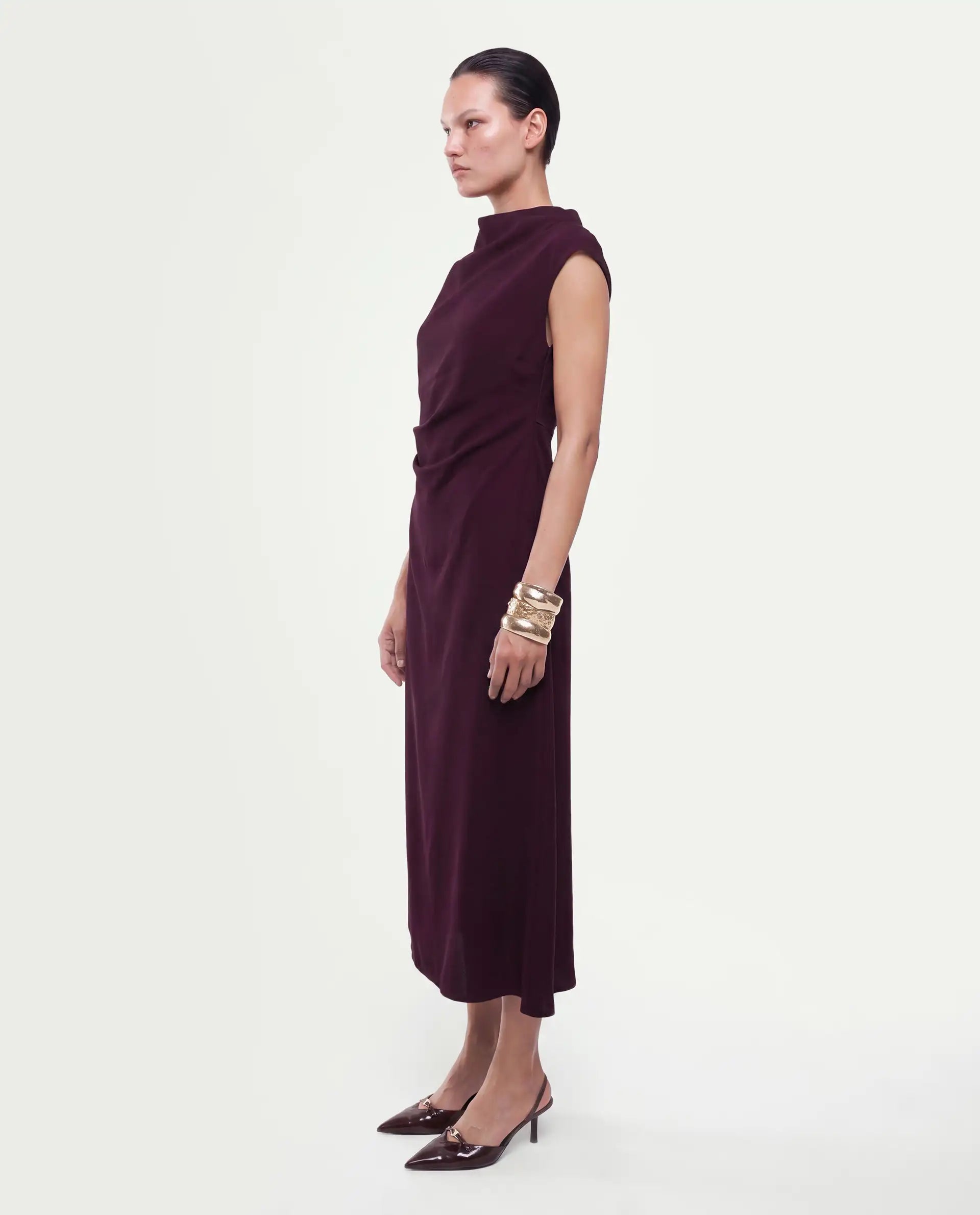 Rareism Women's Otim Maroon Polyester Button And Zip A-Line Plain Dress