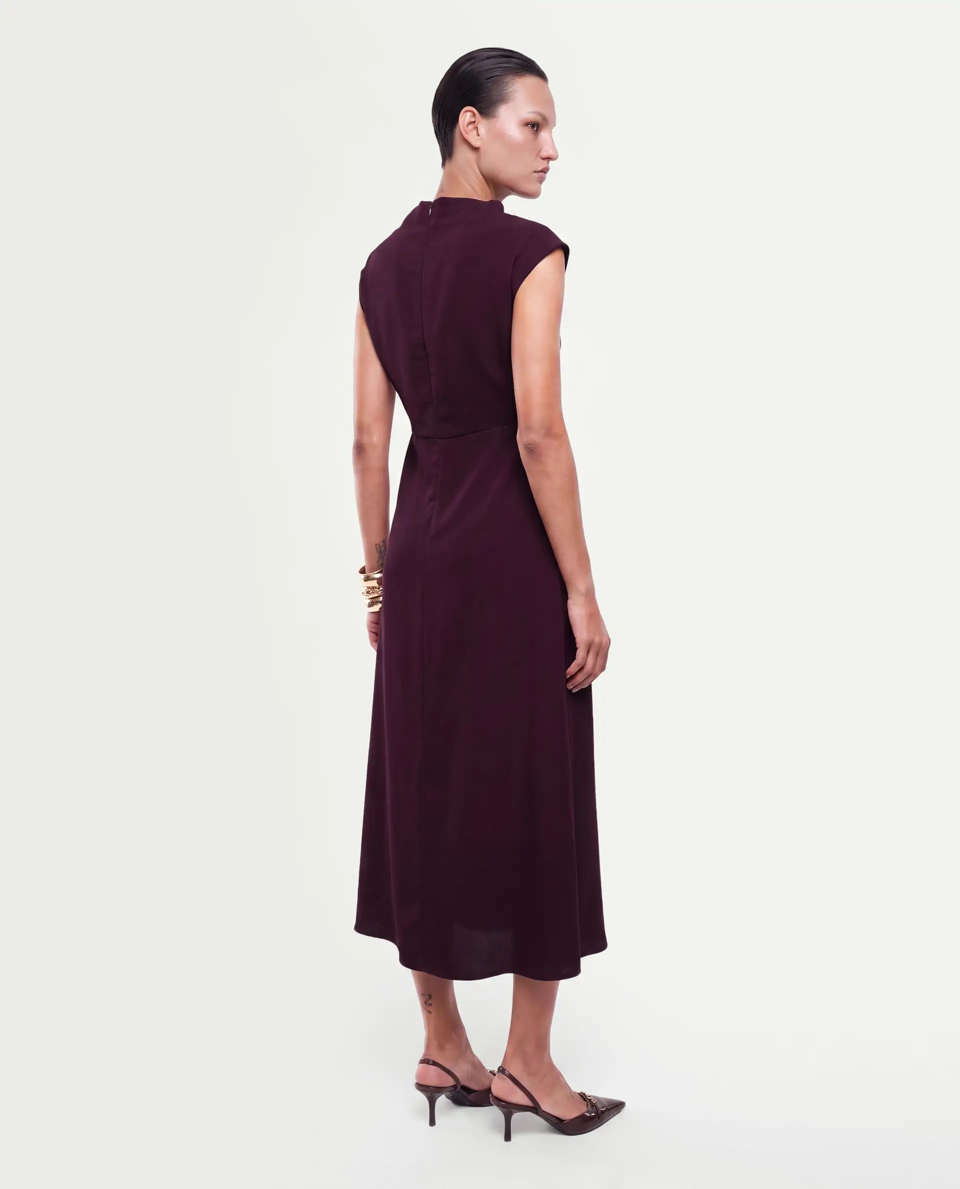 Rareism Women's Otim Maroon Polyester Button And Zip A-Line Plain Dress
