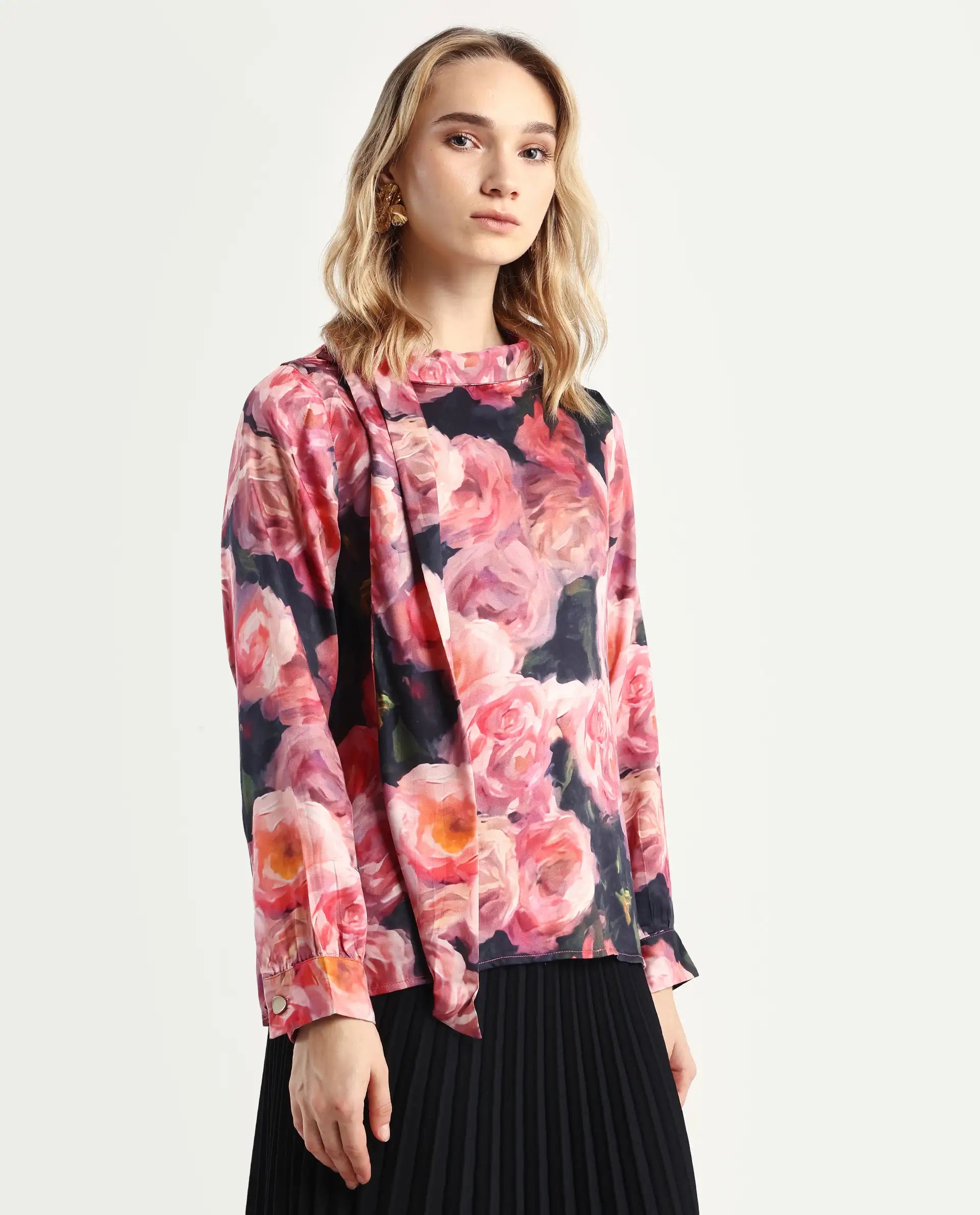 Rareism Women's Oudid Multi Cotton Blend Cowl Neck Floral Print Cuffed Sleeve Regular Fit Top