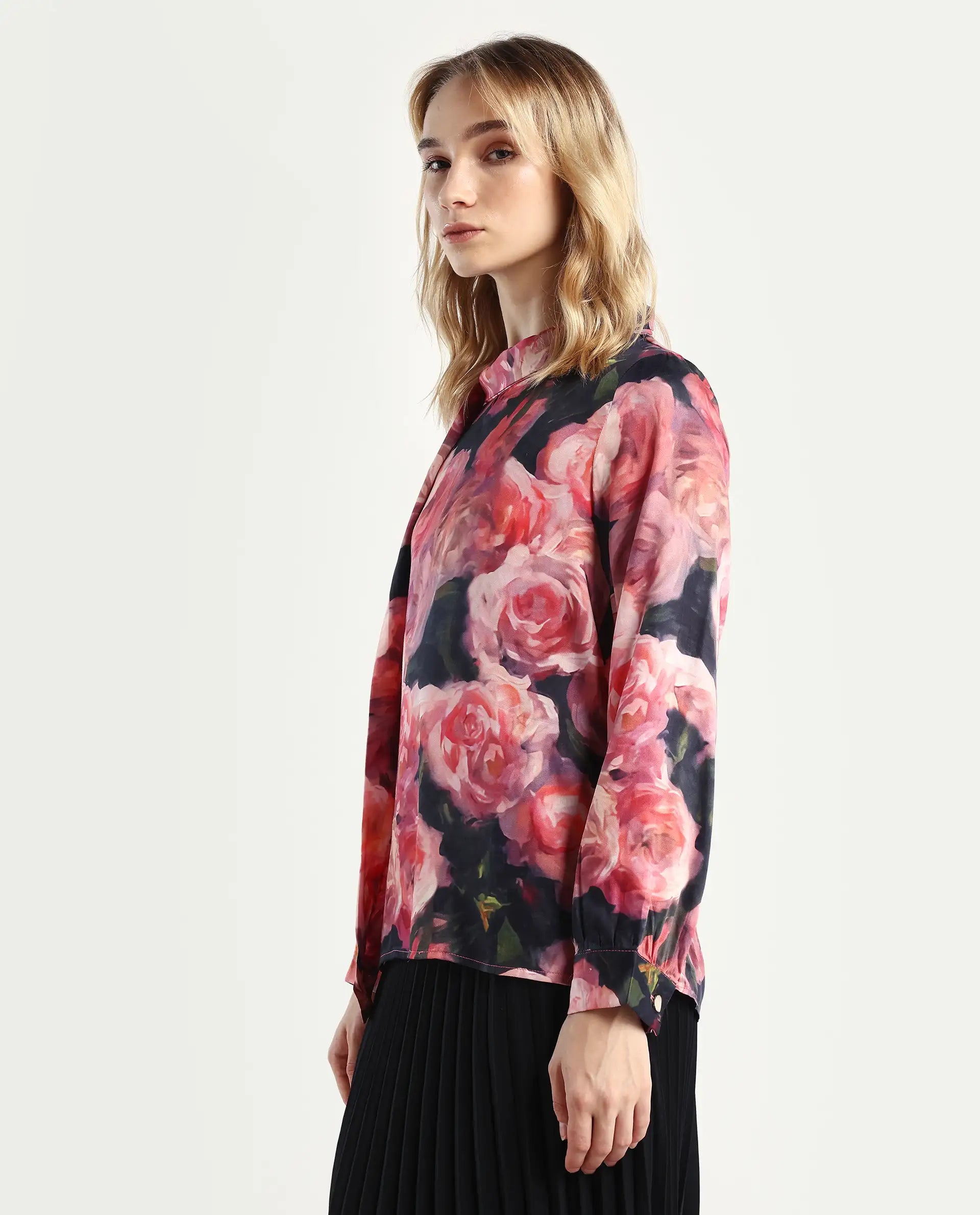Rareism Women's Oudid Multi Cotton Blend Cowl Neck Floral Print Cuffed Sleeve Regular Fit Top