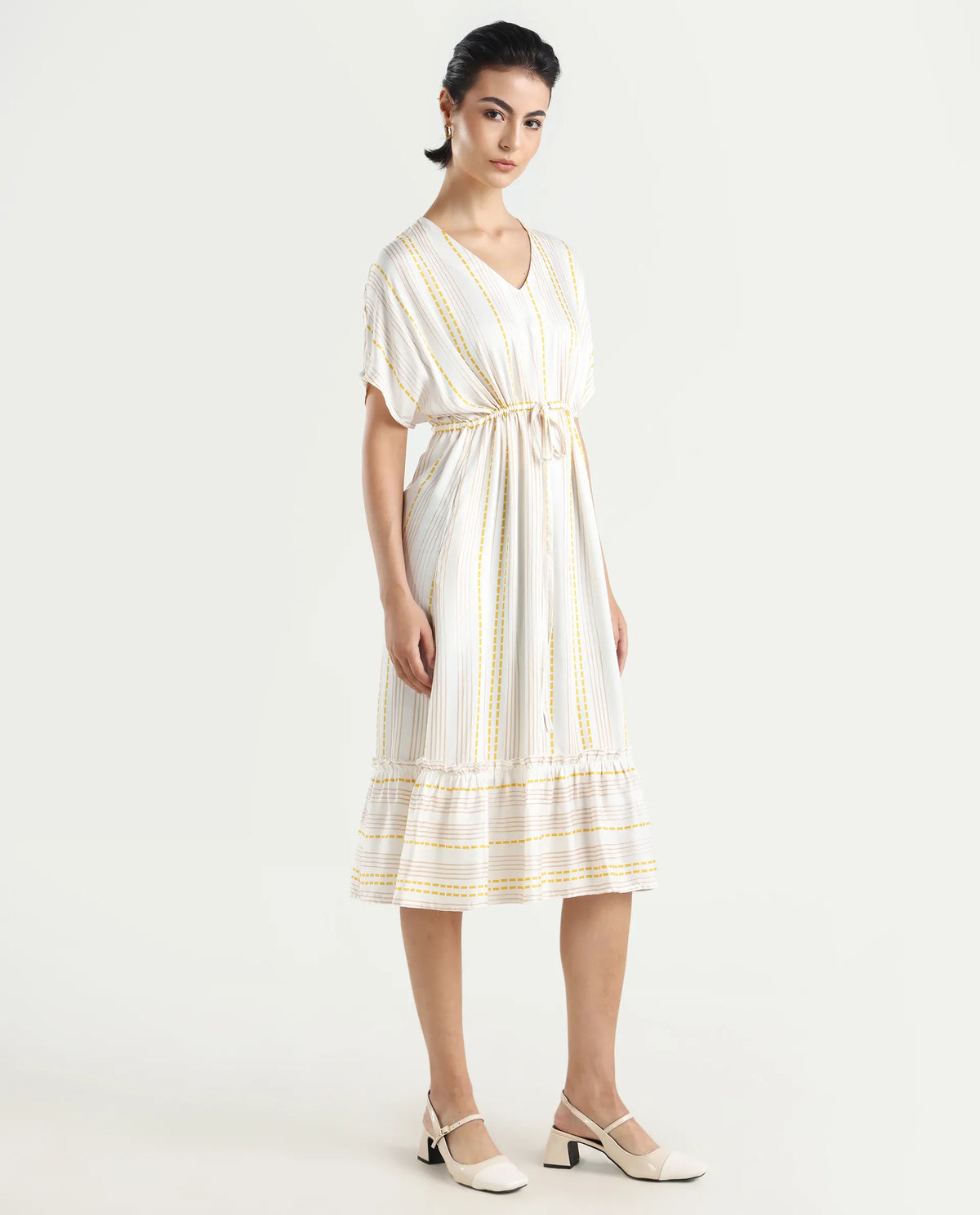 Rareism Women's Oxaca White Cotton Blend V-Neck Striped Extended Sleeves Knee Length Fit And Flare Dress