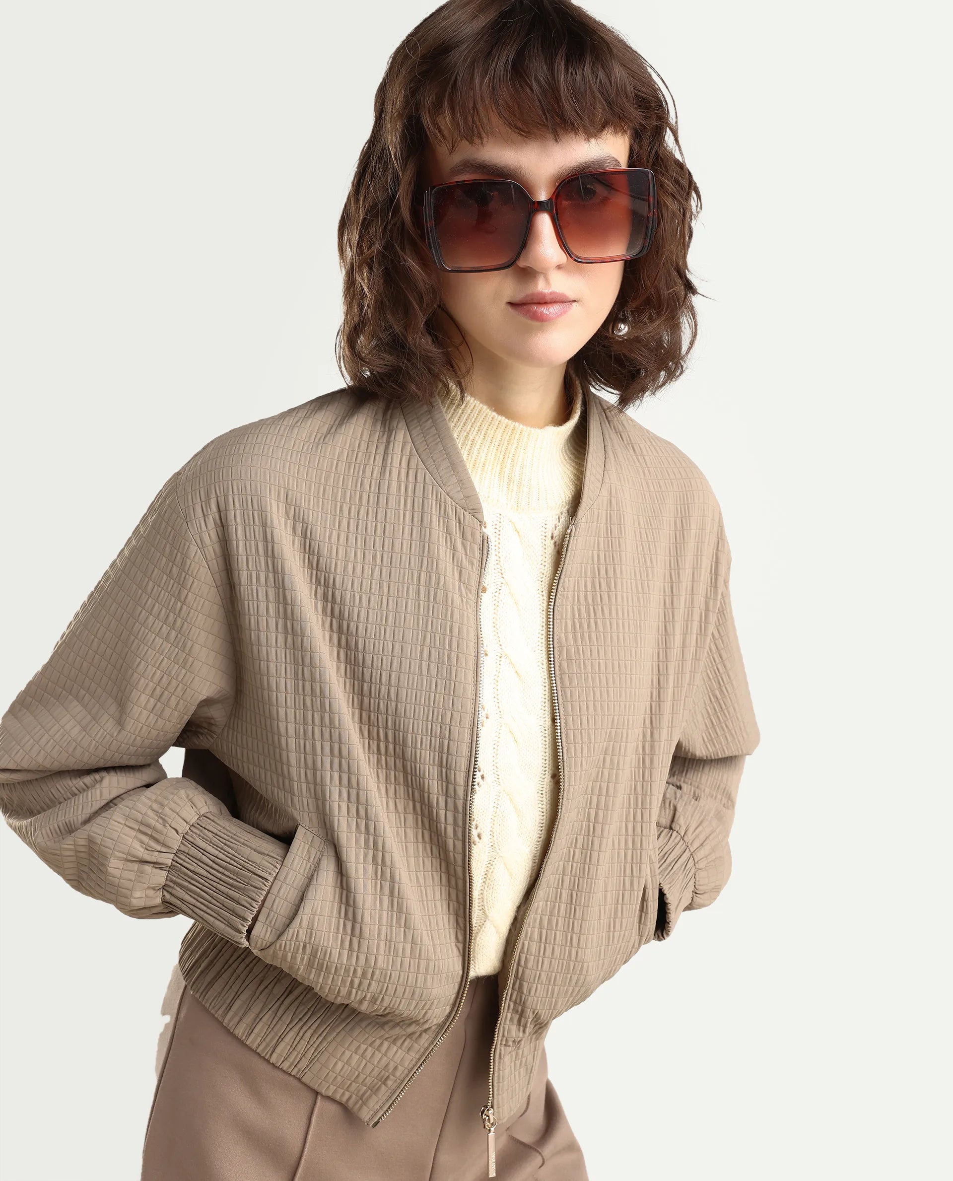 Rareism Women's Omri Cement Polyester Mandrin Collar Regular Plain Jacket