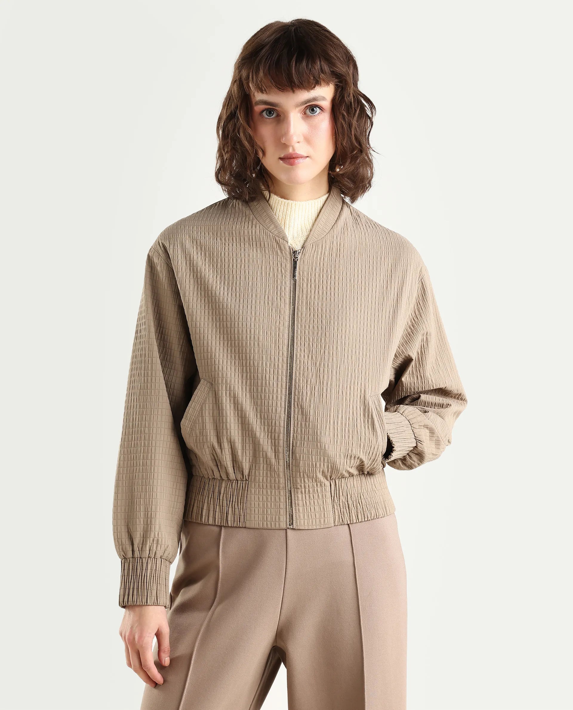 Rareism Women's Omri Cement Polyester Mandrin Collar Regular Plain Jacket