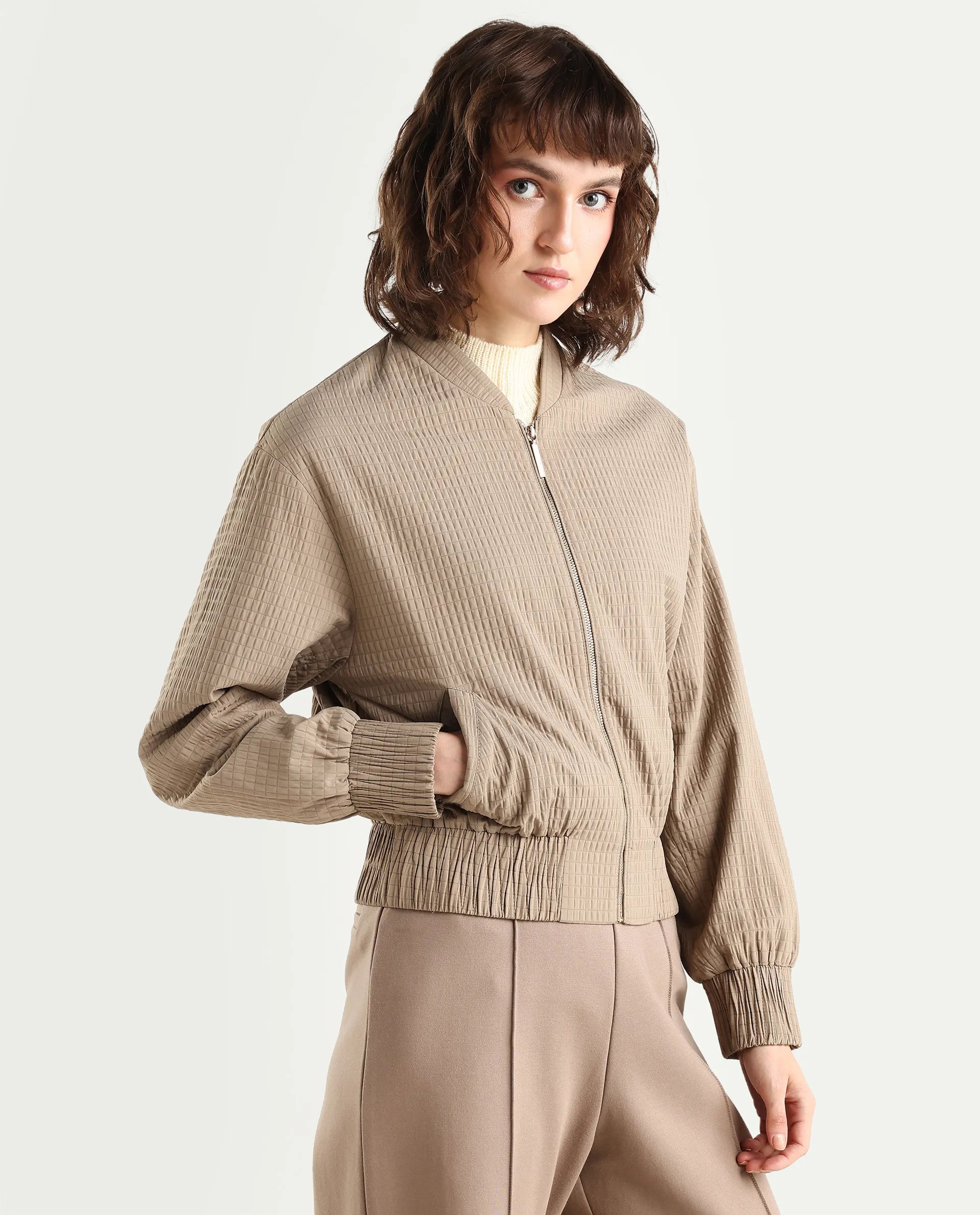 Rareism Women's Omri Cement Polyester Mandrin Collar Regular Plain Jacket