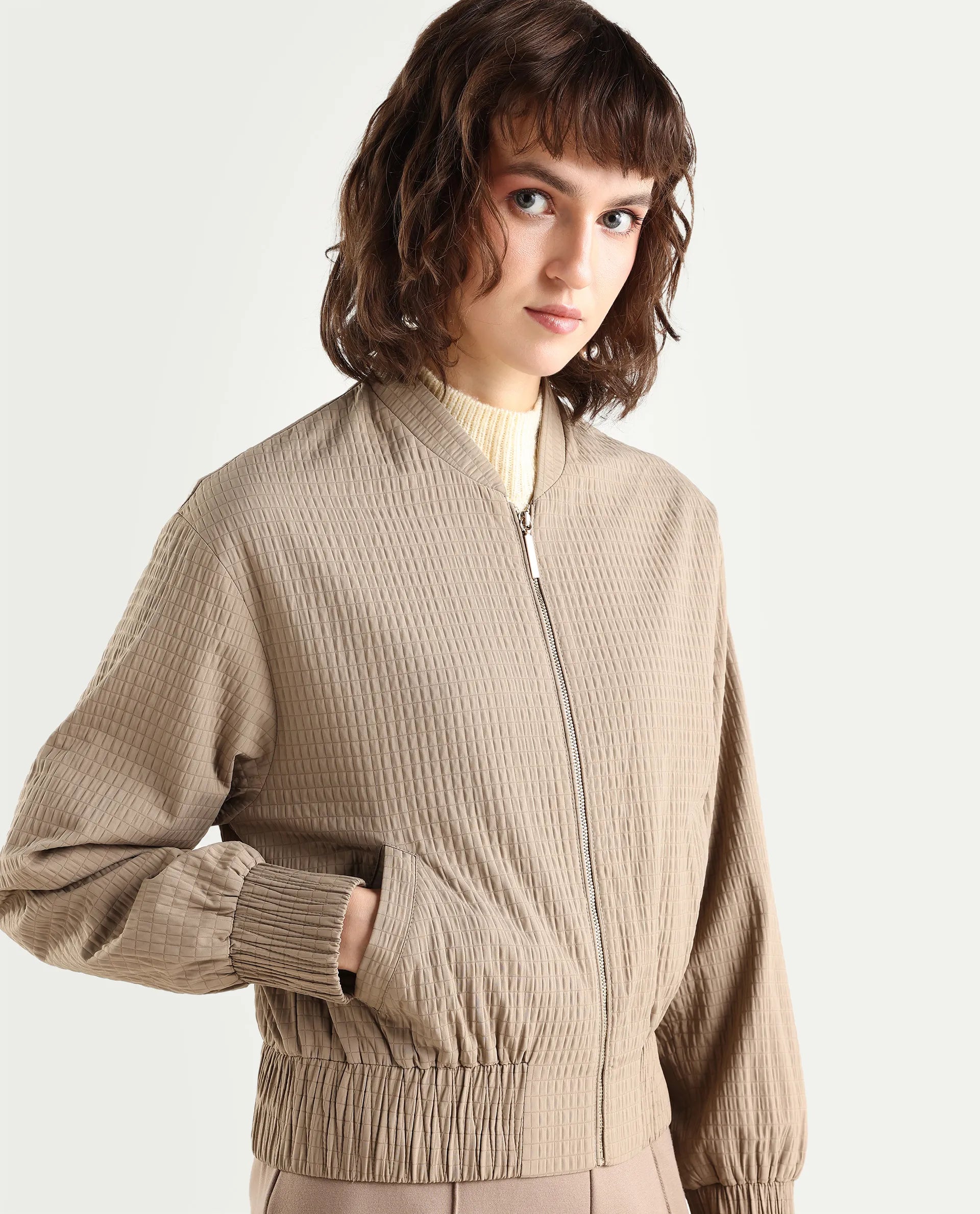 Rareism Women's Omri Cement Polyester Mandrin Collar Regular Plain Jacket