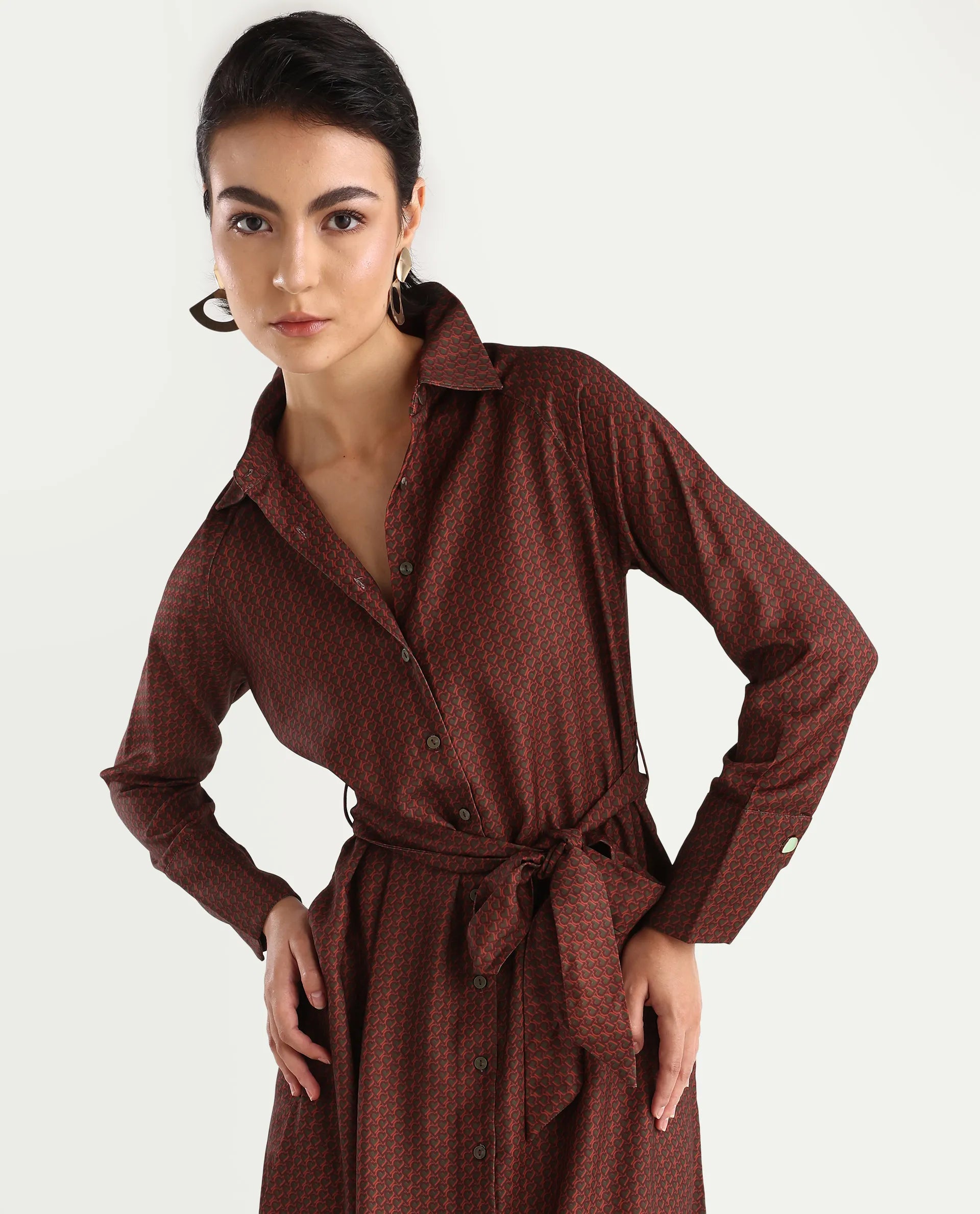 Rareism Women's Paari Multi Polyester Spread Collar Plain Cuffed Sleeve Midi Straight Fit Dress