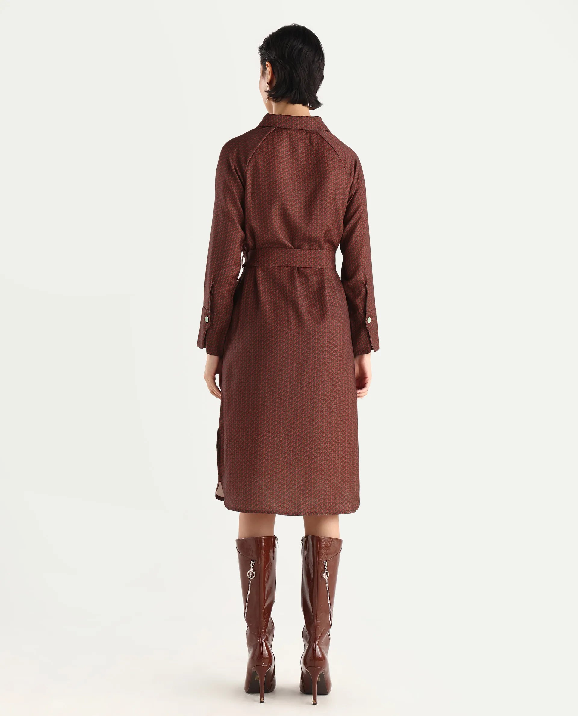 Rareism Women's Paari Multi Polyester Spread Collar Plain Cuffed Sleeve Midi Straight Fit Dress