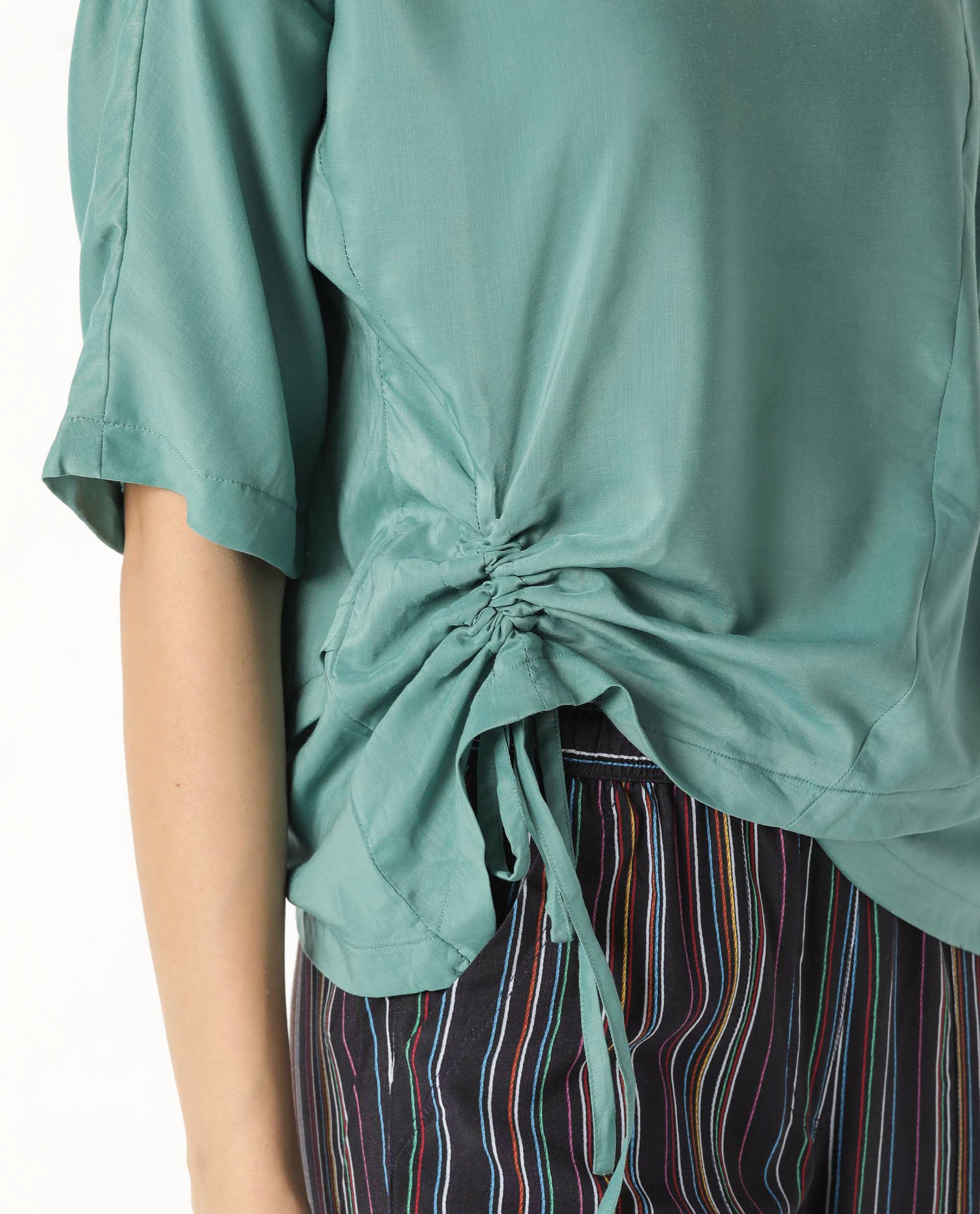 Rareism Women Paecos Green Polyester Fabric Regular Fit Boat Neck 3/4Th Sleeves Solid Top