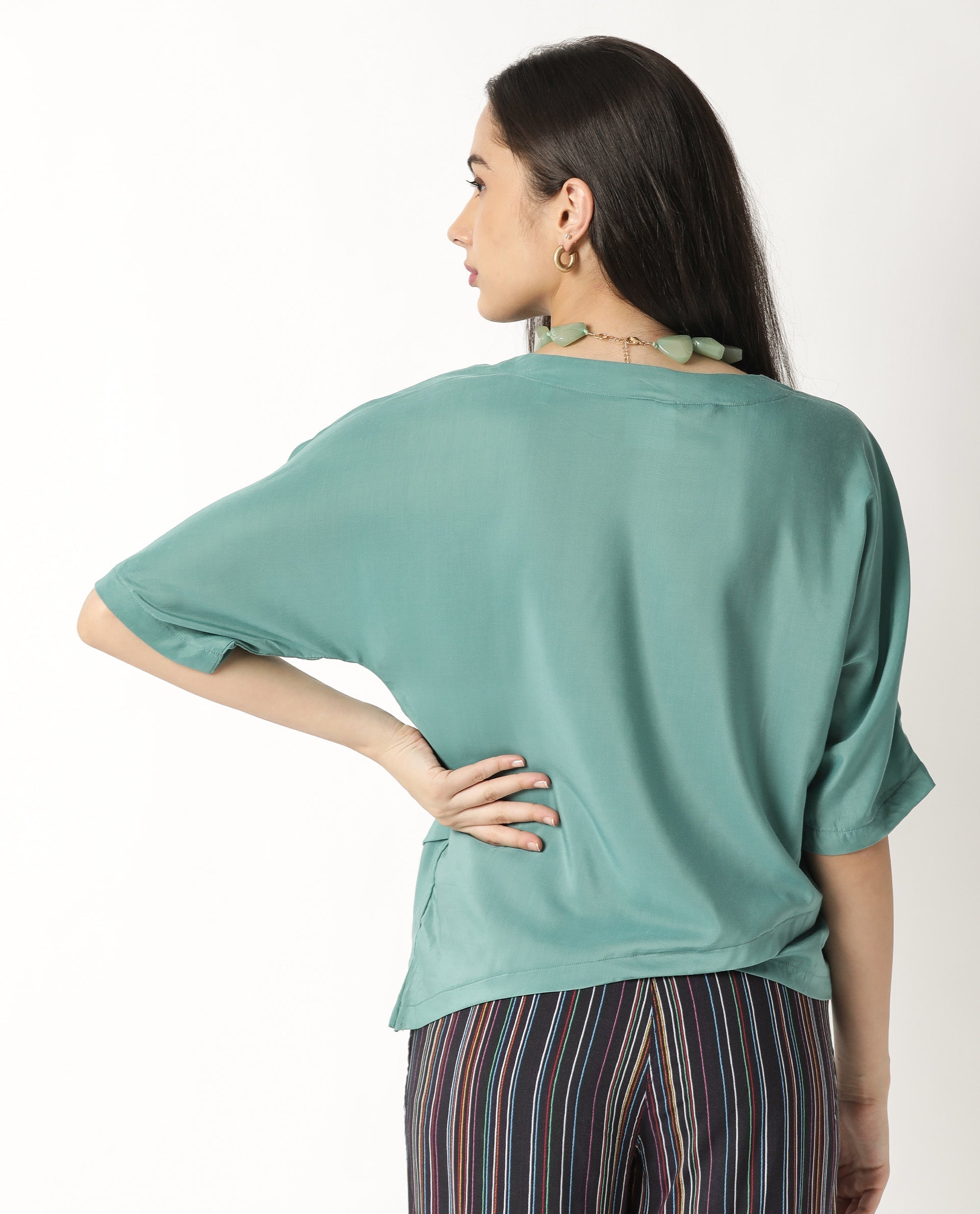 Rareism Women Paecos Green Polyester Fabric Regular Fit Boat Neck 3/4Th Sleeves Solid Top